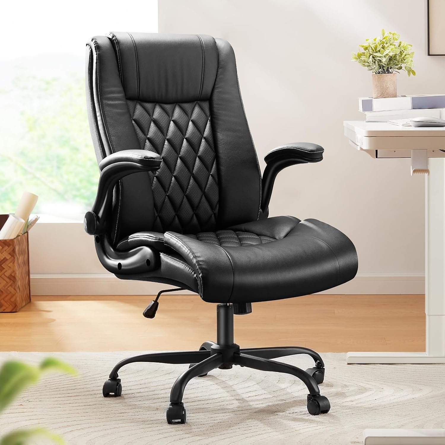 Marsail Executive Office Chair with Flip-up Armrests,PU Leather Ergonomic Desk Chair Height-Adjustable Swivel Rolling Computer Desk Chair,Black