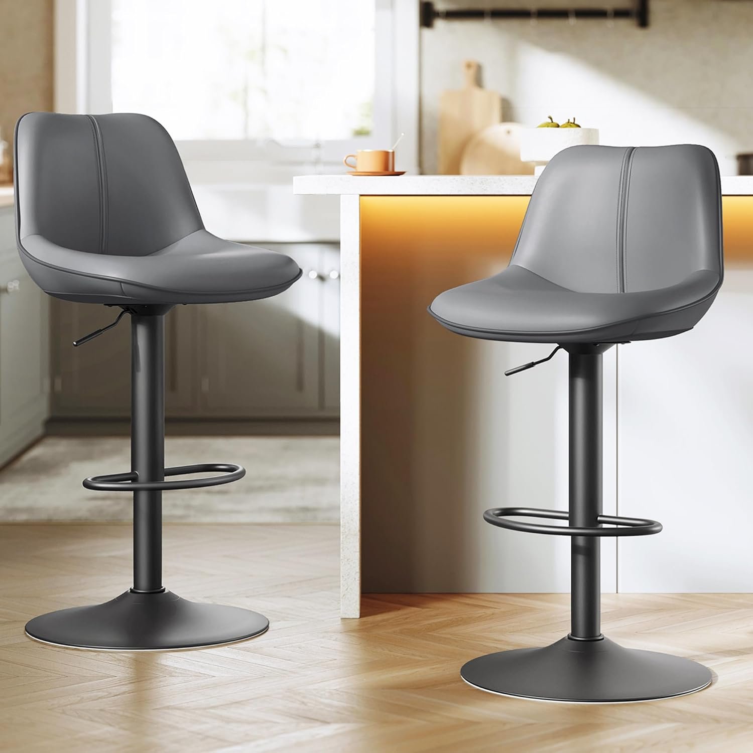 VASAGLE Bar Stools Set of 2, Adjustable Height Swivel Barstools with Ergonomic Backrest, Synthetic Leather, Larger Metal Base, Modern Tall Bar Chairs for Kitchen Island, Slate Gray