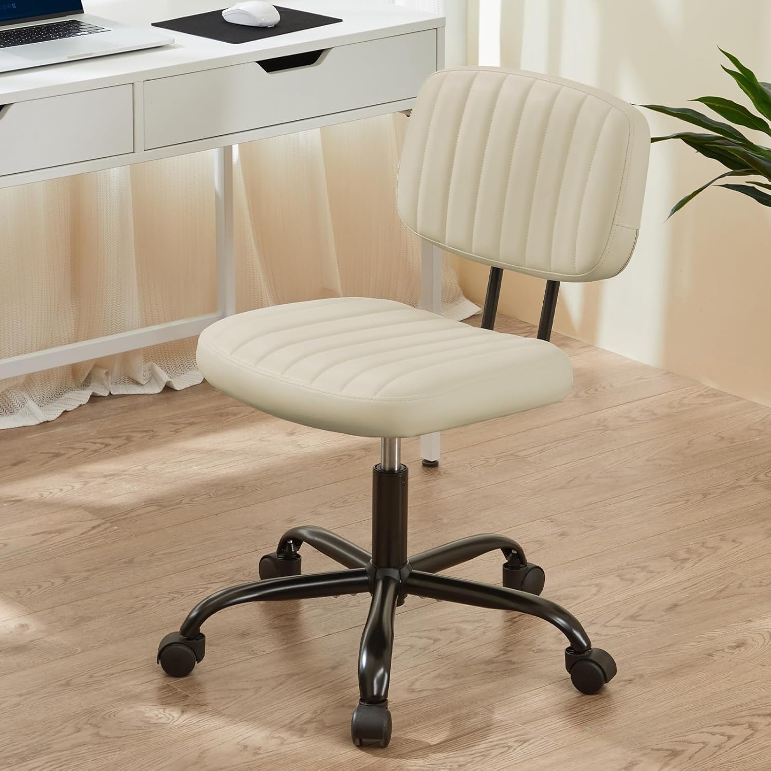 Sweetcrispy Small Office Desk Chair – Armless PU Leather with Comfy Lumbar Support, Height Adjustable Rolling Swivel Task for No Arms, for Adult, Student, Bedroom, Home, Vanity, Beige White
