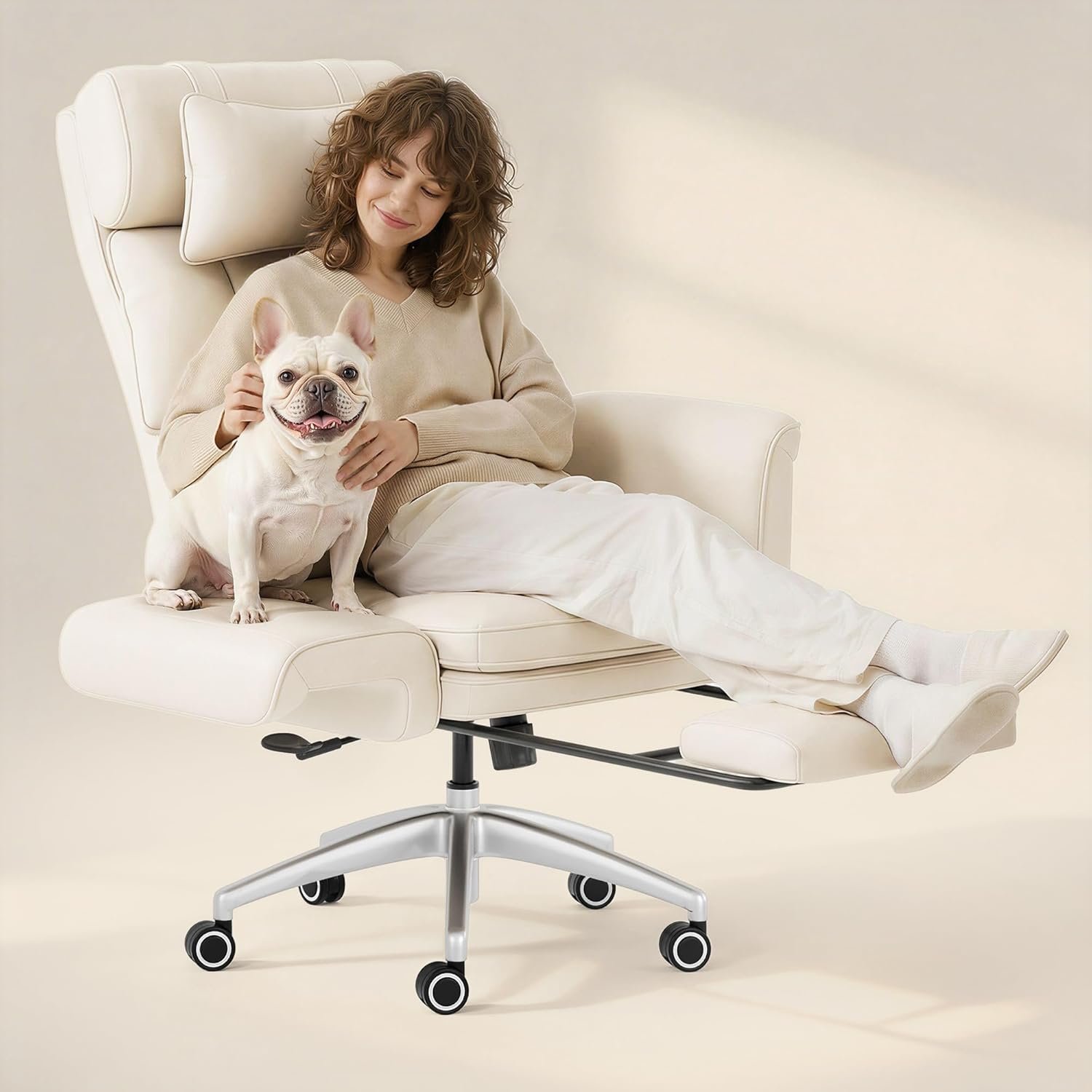 FLEXISPOT Oversized Lounge Chair Indoor with Convertible Seat Width up to 44in Wheels Footrest 180° Flip Armrests, Chairs for Living Room Study Working Relaxing, Scratch-Resistant Leather, Beige White