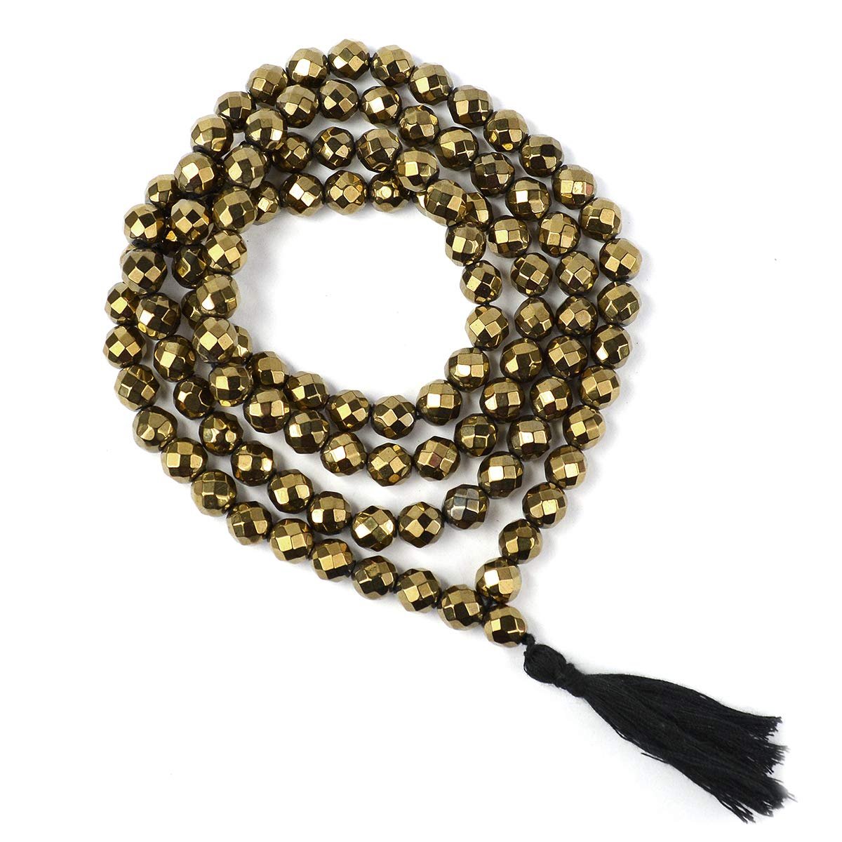 Natural Hematite Golden Mala Crystal Stone 8 mm Diamond Cut/Faceted 108 Beads Jap Mala for Reiki Healing Stones (Color : Golden)