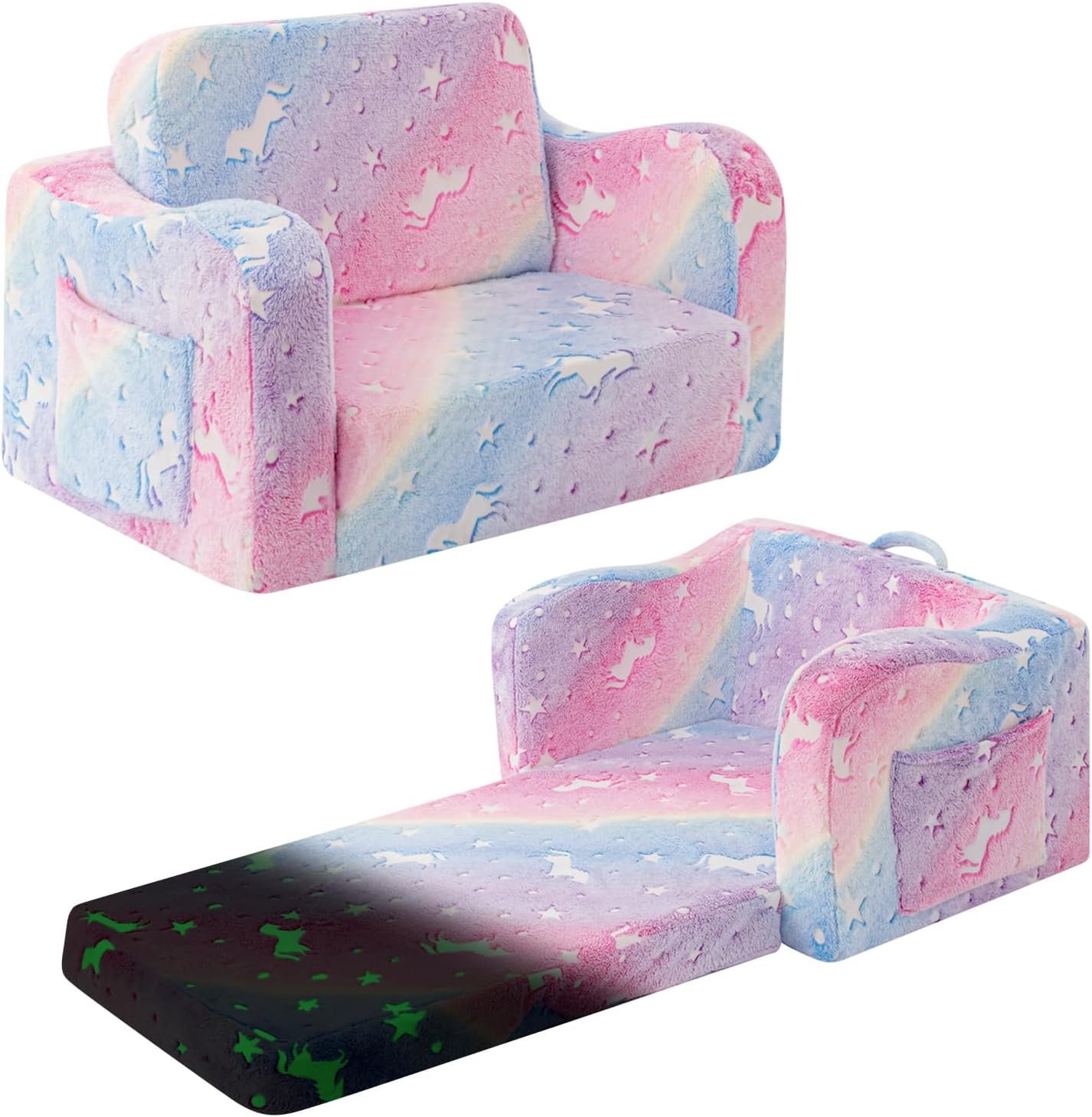 Toddler Chair and Couch, 2 -in-1 Toddler Couch Fold Out, Convertible Chairs for Toddlers Comfy Sofa to Lounger with Glow in The Dark Feature, Soft for Girls and Boys