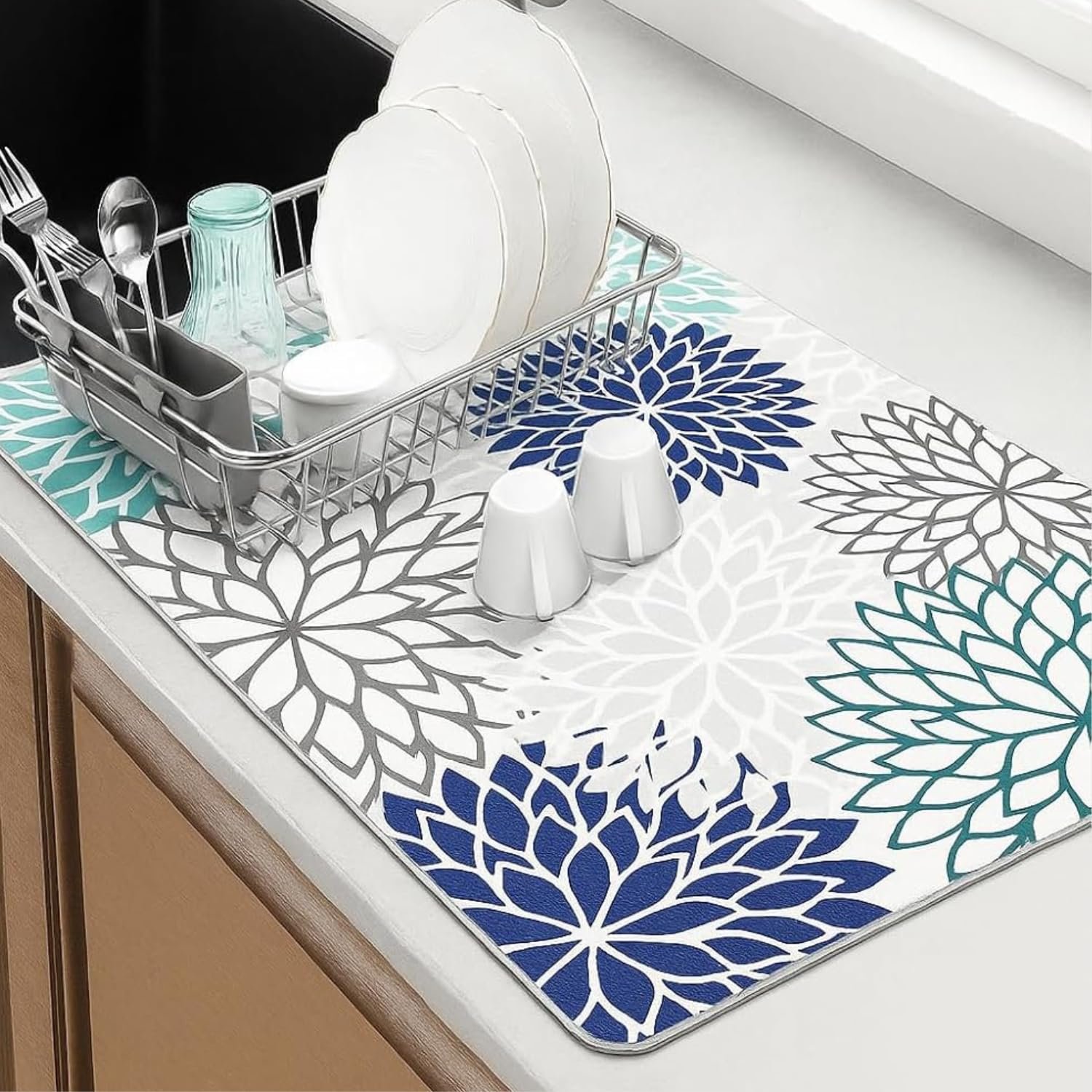 HomeCloud Dish Drying Mat for Kitchen Counter Hide Stain Super Absorbent, Non-Slip, Heat-Resistant, Great for Dishes,Rack Pad, Kitchen Counter, Coffee Maker (Boho_Navy, 50x40cm)