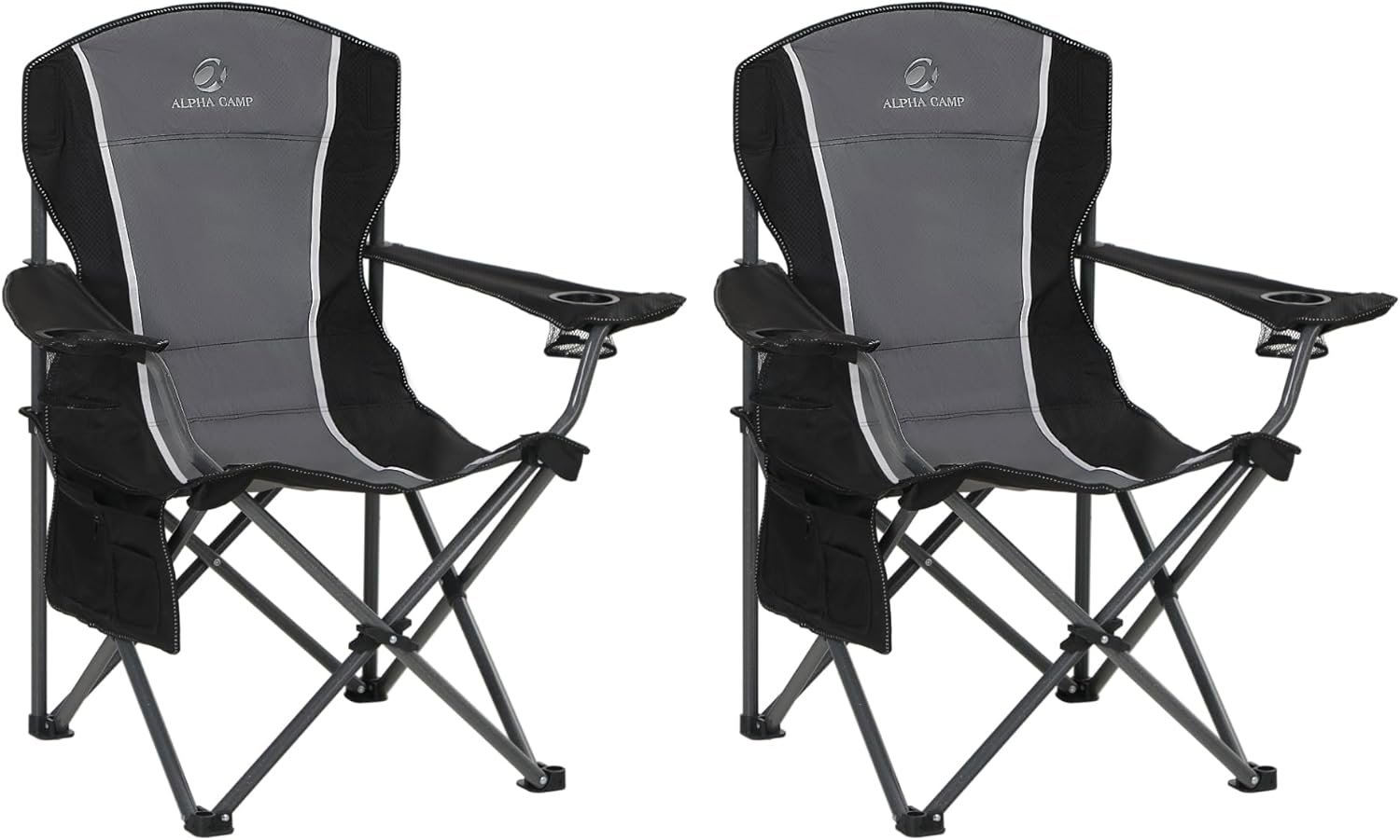 LET’S CAMP Oversized Outdoor Folding Camping Chair, 2 Pack Heavy Duty Arm Chairs with Cup Holder and Storage Bag, 350 LBS Weight Capacity, Grey