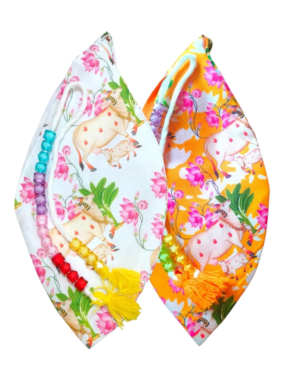 White Cow Mala Japa Bag With Mustard Jaap Mala Jholi-Sakshi Mala-Bead Bag For Chanting-Jap Bag With Zipper Pocket-Gomukhi Iskcon Mala Jholi Bag Combo
