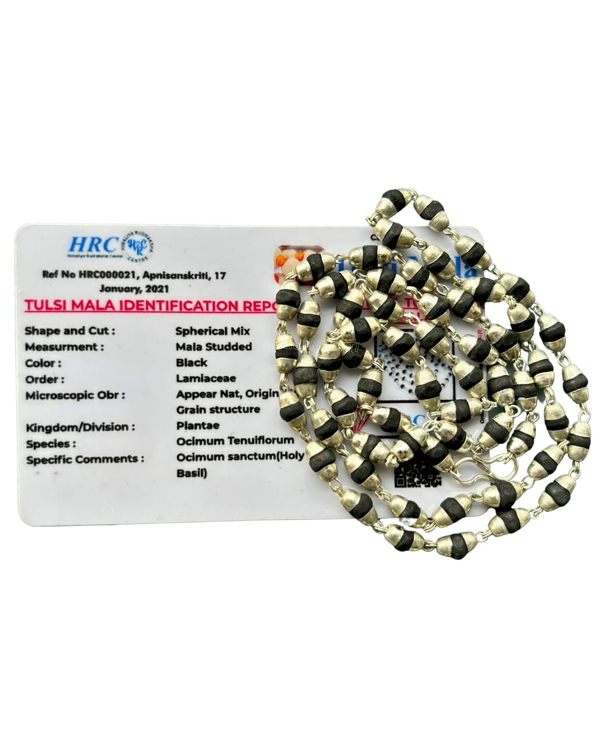 Apnisanskriti Black Tulsi Mala in Silver Designer Caps (3-4 mm, 55 Beads, Lab Certified) – Natural Black Tulsi Beads – Silver Plated- Pack of 1