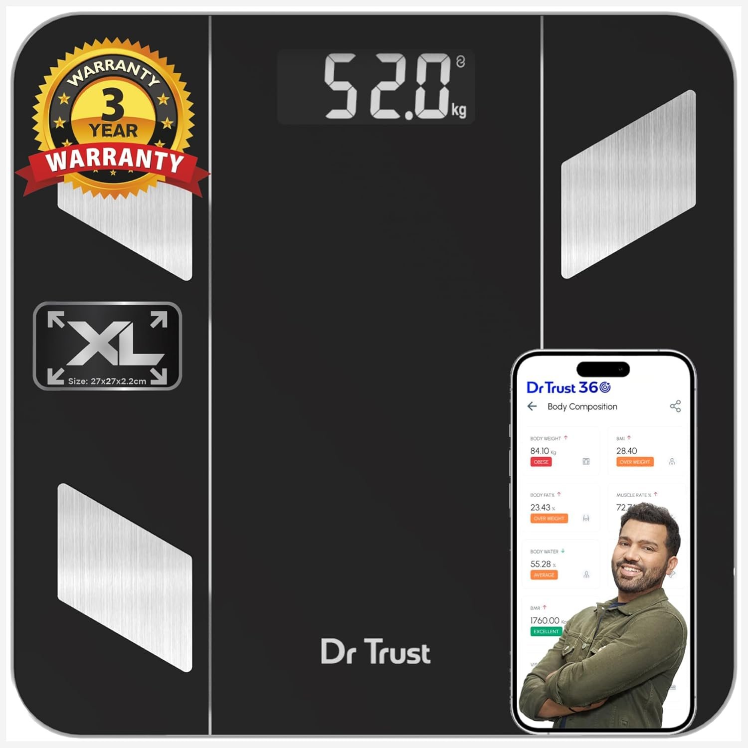 Dr Trust USA 525 Hercules BMI Weight Machine For Body Weight, Digital Body Fat Analyzer & Smart Body Composition Weighing Scale, 14 Body Parameters, IOS/Android App Sync, XL-27x27x2.2 cm (Black)