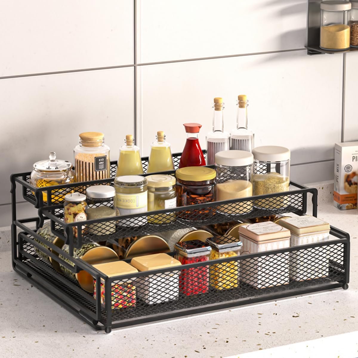STORE 2508 Expandable Mesh Metal Tabletop Spice Rack Organizer 3 Tier Countertop Seasoning, Black