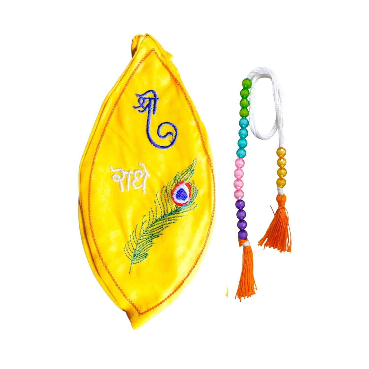 Yellow Shri Radha Mala Jholi with Sakshi Mala-Cotton Bead Bag with Counting Beads-Jaap Mala Bag-Shree Radhe Mala Jap Jholi-Gomukhi Bag with Zip Pocket for Men and Women Pack of 1