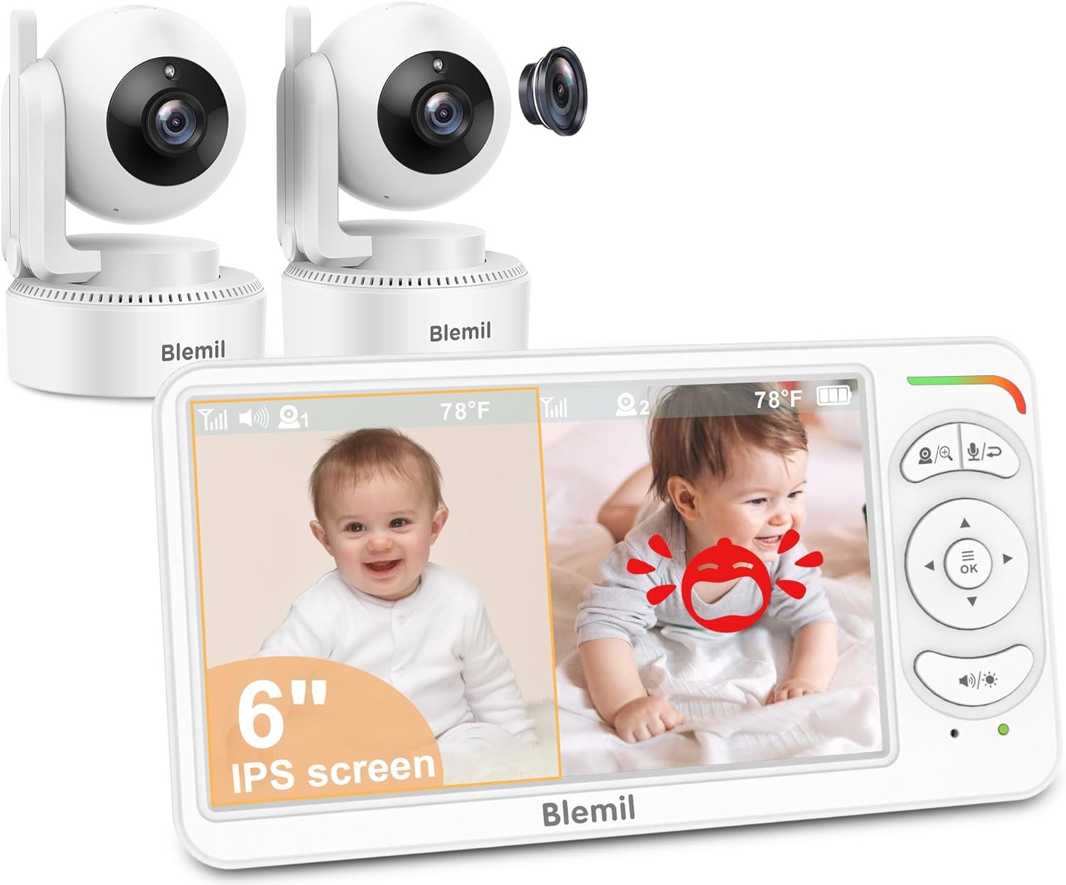 Blemil 6″ Baby Monitor with 2 Cameras 4000mAh Battery Upgrade Split Screen Video Baby Monitor No WiFi Remote Pan-Tilt-Zoom Auto-Night Vision 150 Languages ECO Mode 2-Way Talk 1000FT (Ideal Condition)