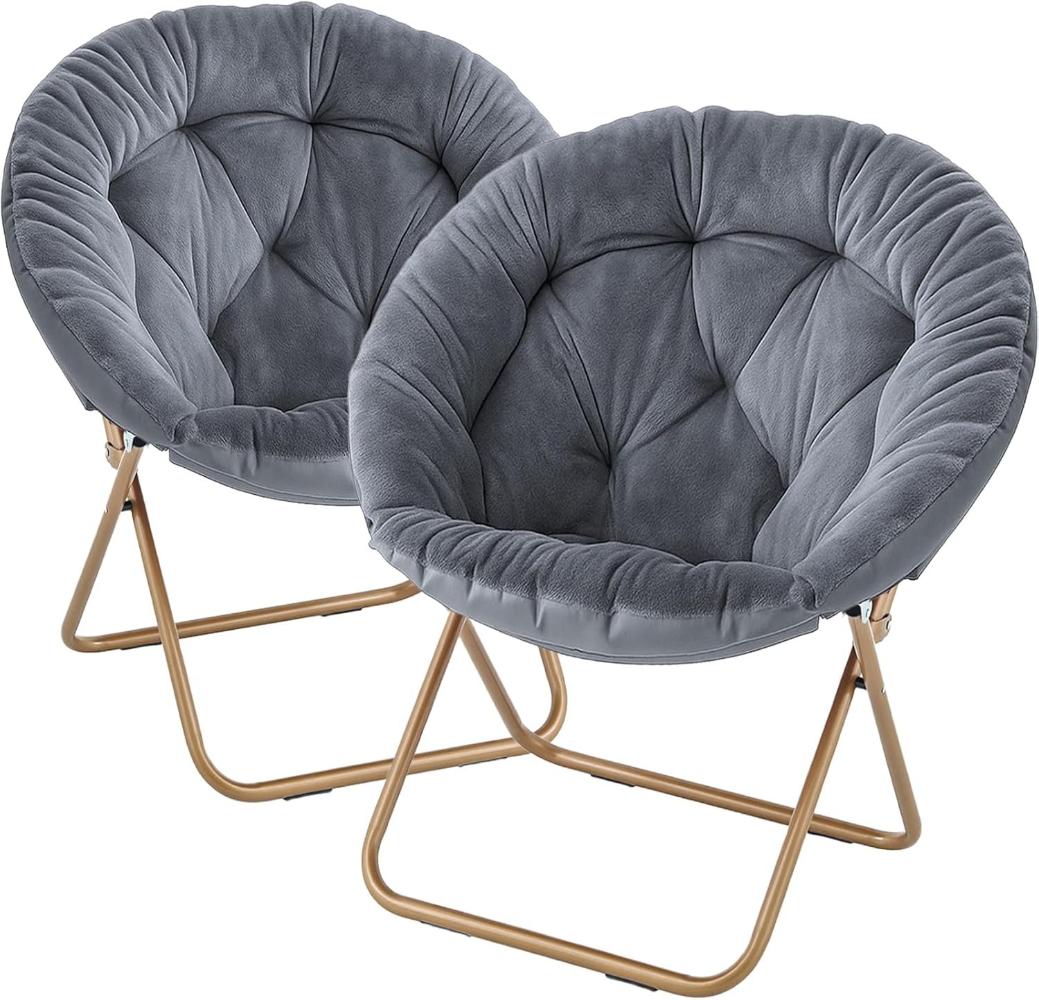 Magshion Saucer Chair for Adults, Comfy Living Room Lounge Chair for Bedroom Corner, Dorm, Apartment, Faux Fur Fluffy Circle Accent Seat with Thick Padded & Folding Metal Frame (Grey, Set of 2)
