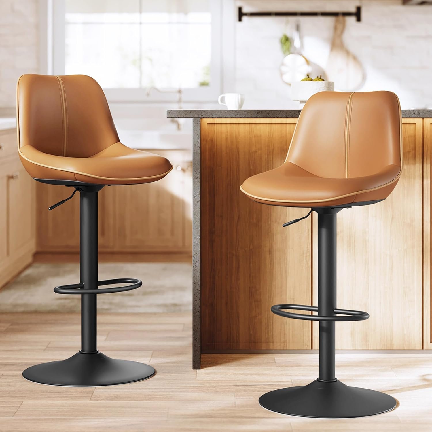 VASAGLE Bar Stools Set of 2, Adjustable Height Swivel Barstools with Ergonomic Backrest, Synthetic Leather, Larger Metal Base, Modern Tall Bar Chairs for Kitchen Island Home Bar, Caramel Brown