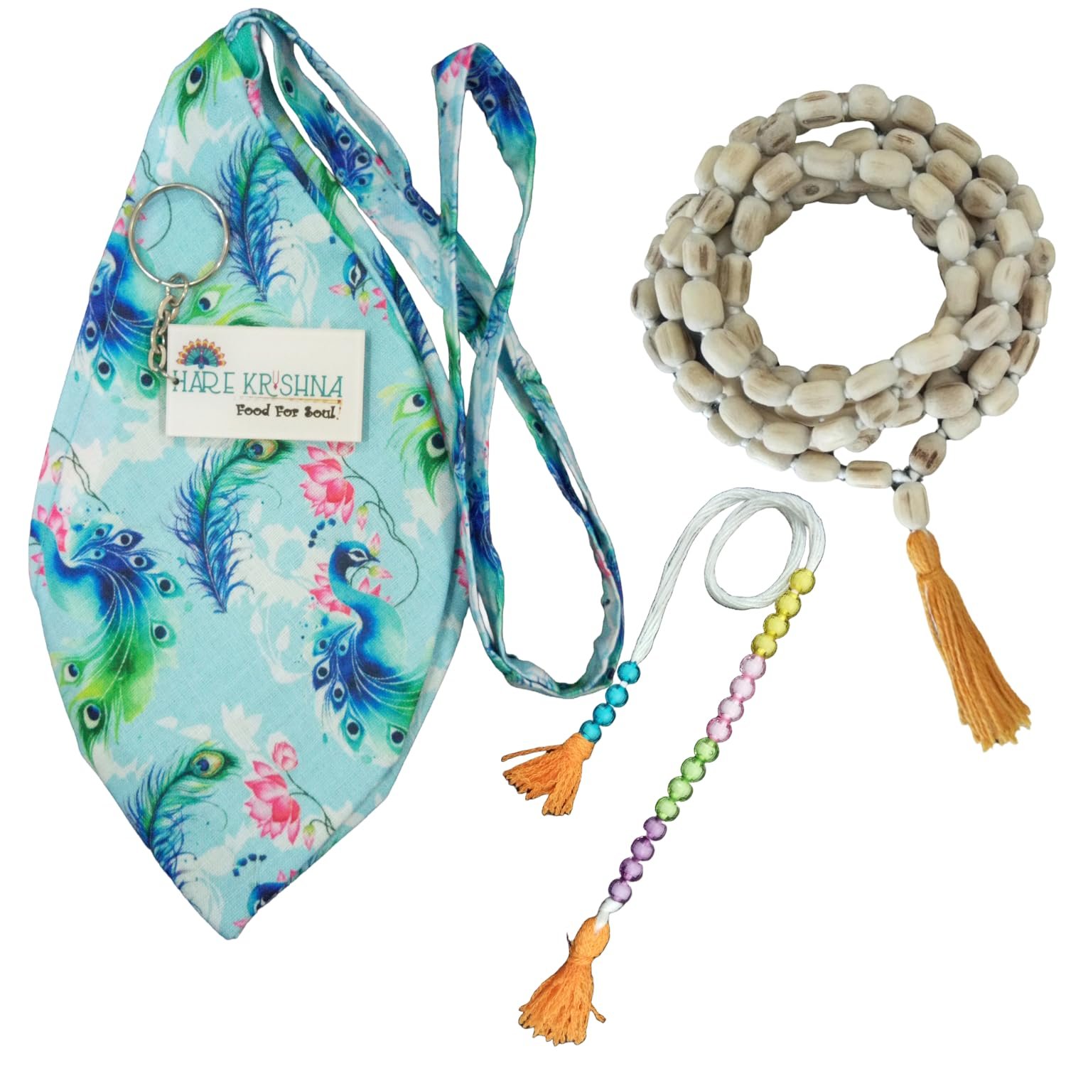 Peacock Printed Blue Jaap Mala Bag with 108+1 Tulsi Jaap Mala – Chanting Bag – Bead Bag for Chanting – Gomukhi Jap Bag with Sakshi Mala & Keychain (Combo)