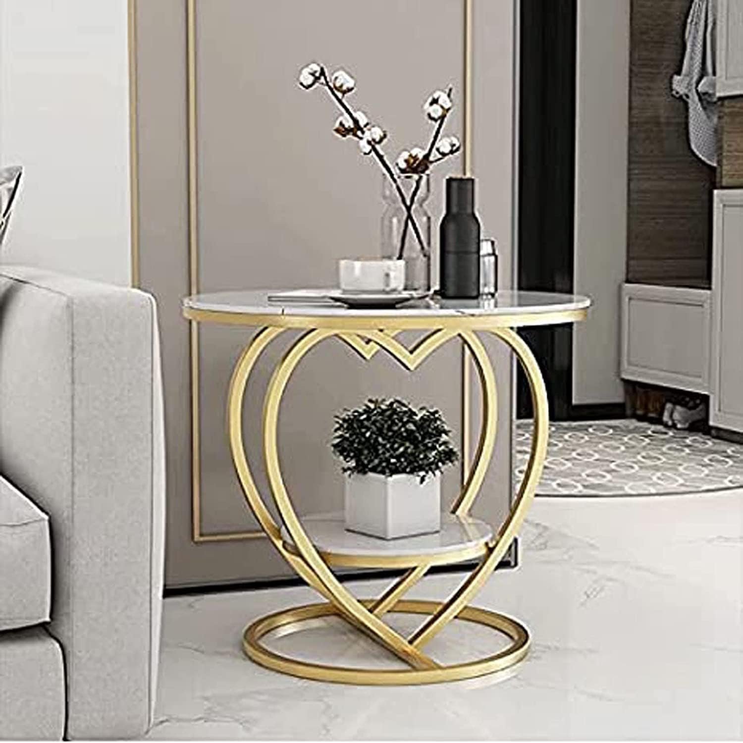 Coffee Table for Living Room,Modern Corner Sofa Side Bedside Tables Snack End Table for Bedroom,White Table Top with Gold Metal Frame (Gold White)