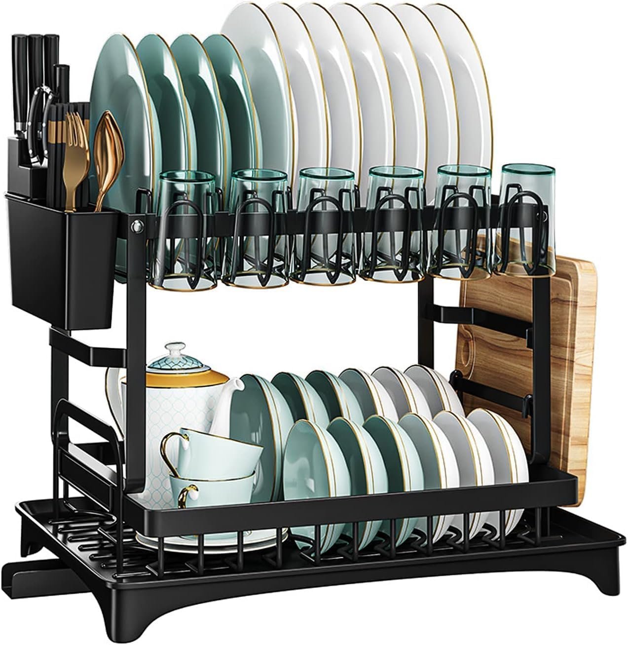 Dish Drying Rack 2 Tier Dish Drainer Rack Kitchen Counter Organizer Rustproof Cutlery Holder Storage for Utensil Chopping Board Cup Auto Drainage (MO-01)