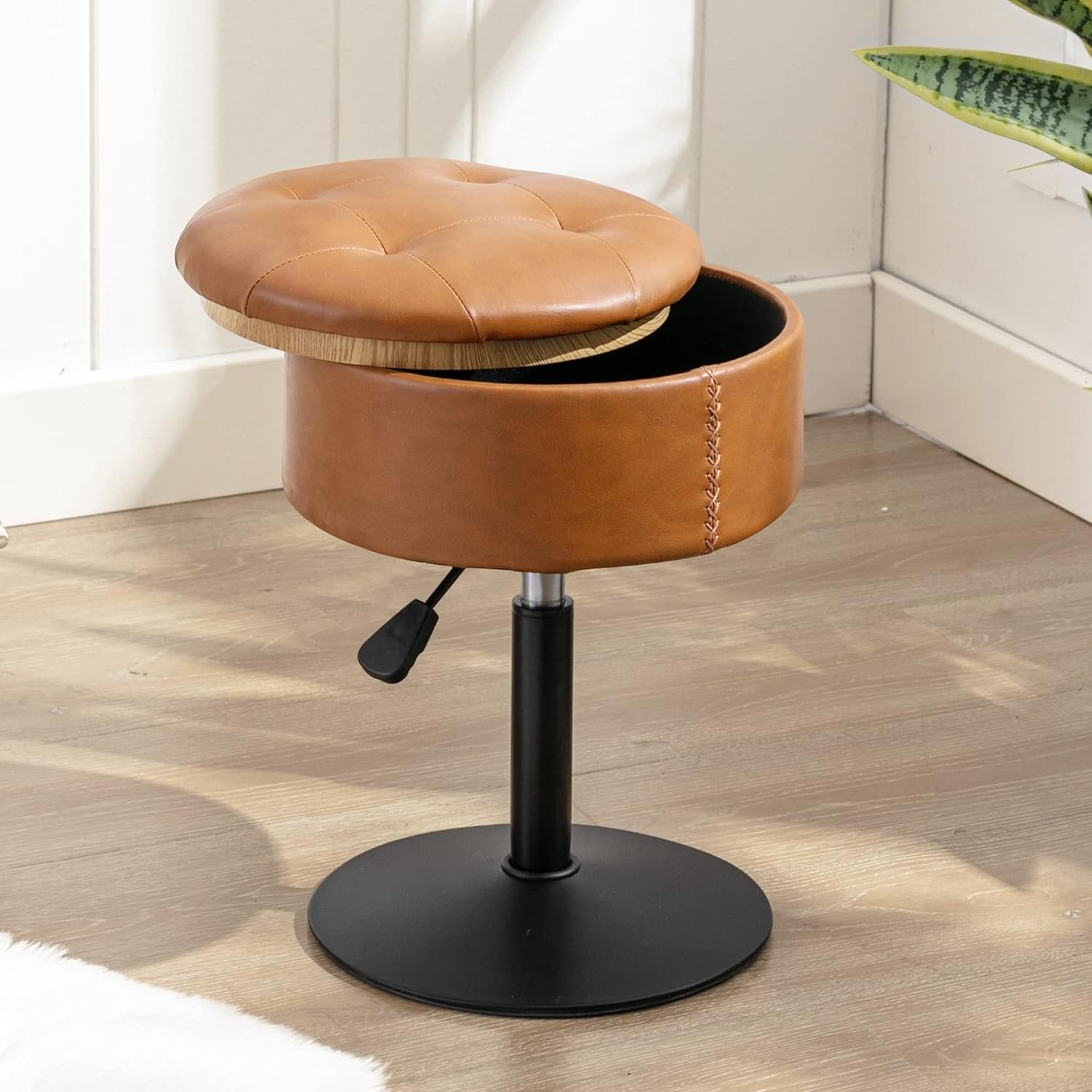 LUE BONA 360°Swivel Vanity Stool Chair for Makeup Room, Height Adjustable Stool for Vanity with Storage, Small Whiskey Brown Faux Leather for Bathroom, Living Room