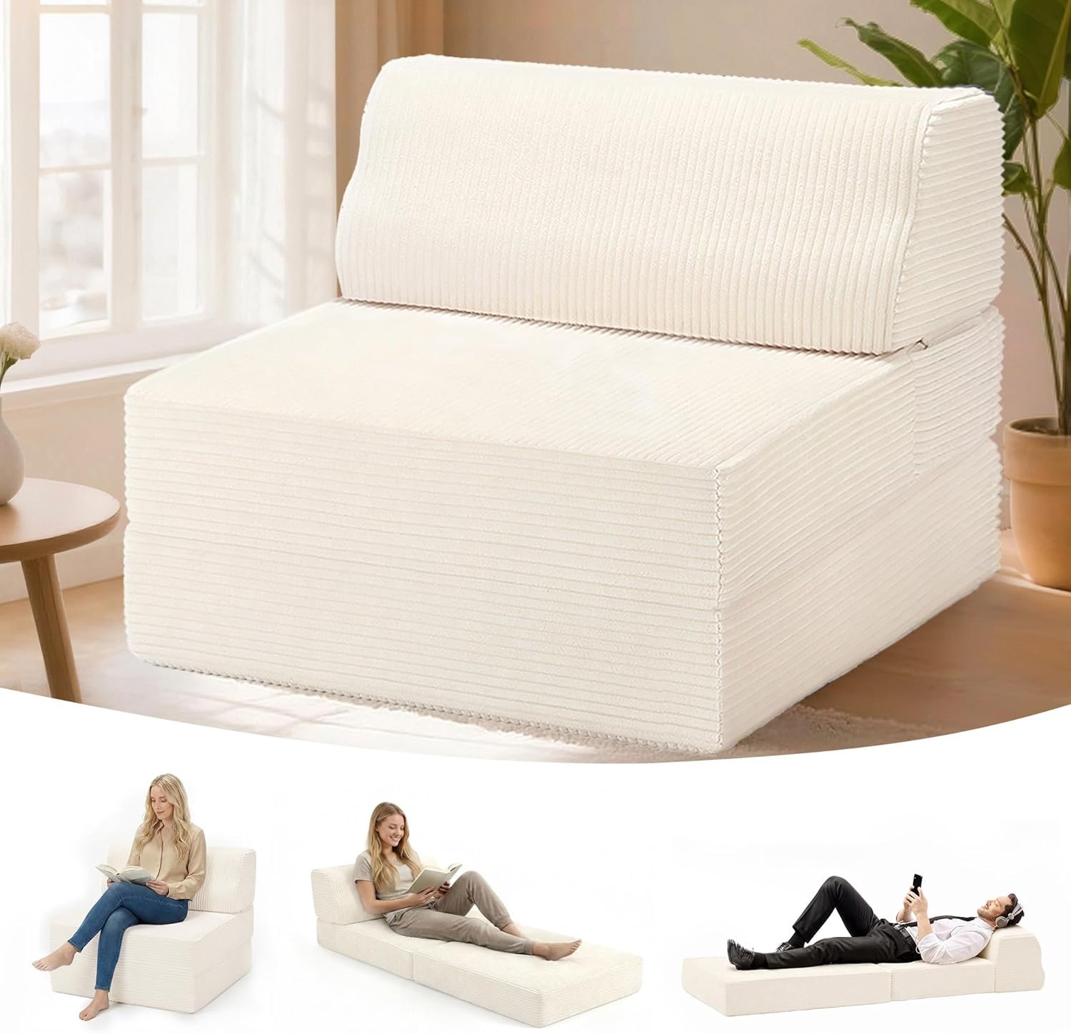 Folding Sofa Bed with Pillow, Memory Foam Fold Out Chair Bed, Convertible Sleeper Chair with Washable Cover, Futon Floor Couch for Living Room/Dorm/Guest Use/Home Office/Apartment, Beige