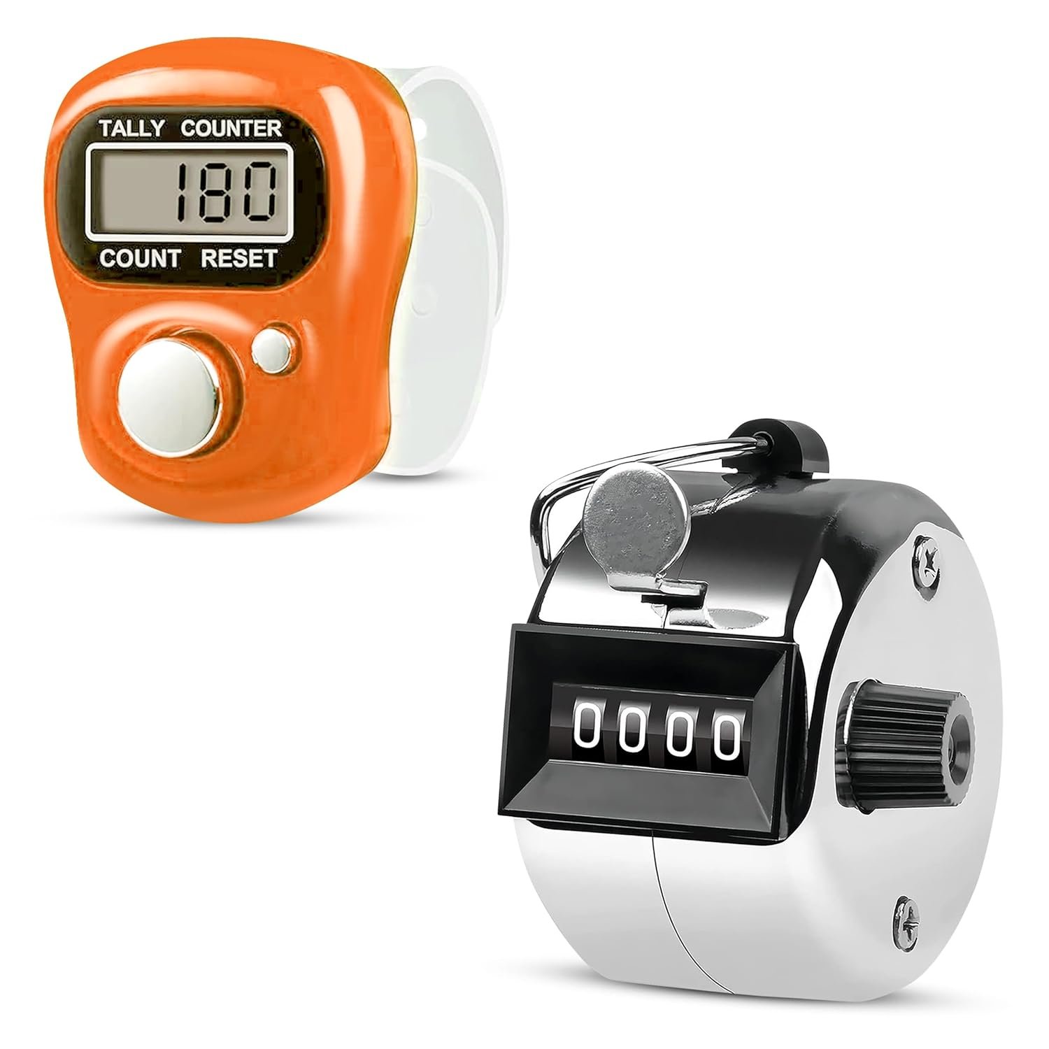 GLUN® Combo Finger Counter, 4 Digit Manual Metal & 5 Digital LCD Finger Hand Tally Counter, Counting Numbers, Coaching, Sports Events Count (Random Colour)