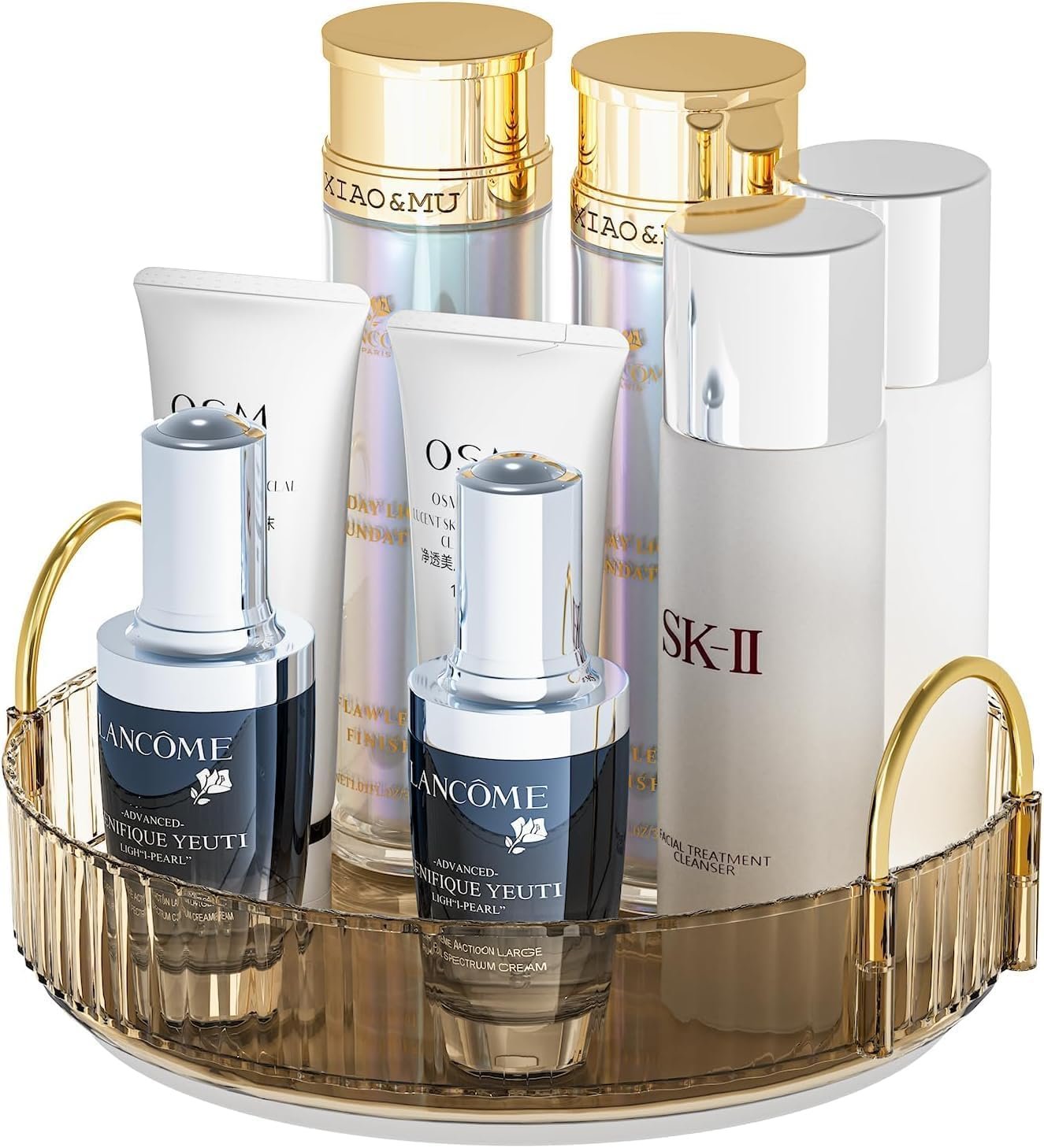 360° Rotating Makeup Organizer, Bathroom Make Up Spinning Holder Rack, Cosmetics Storage Vanity Shelf Countertop, Fits Cosmetics, Perfume, Skincare, Lipsticks (Brown, 1 Tier)