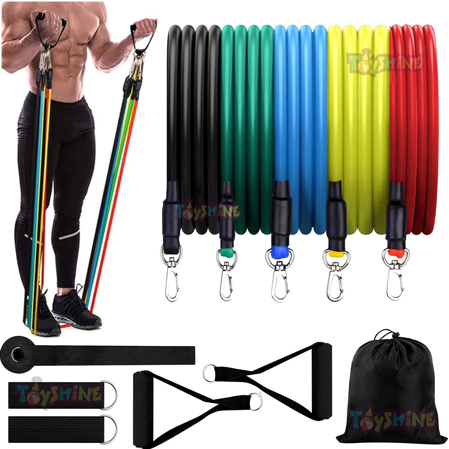 Toyshine Fitness Resistance kit with 5 Colorful Bands, Handles, Ankle Strap & Door Anchor with Storage Bag – Multicolor(SSTP)