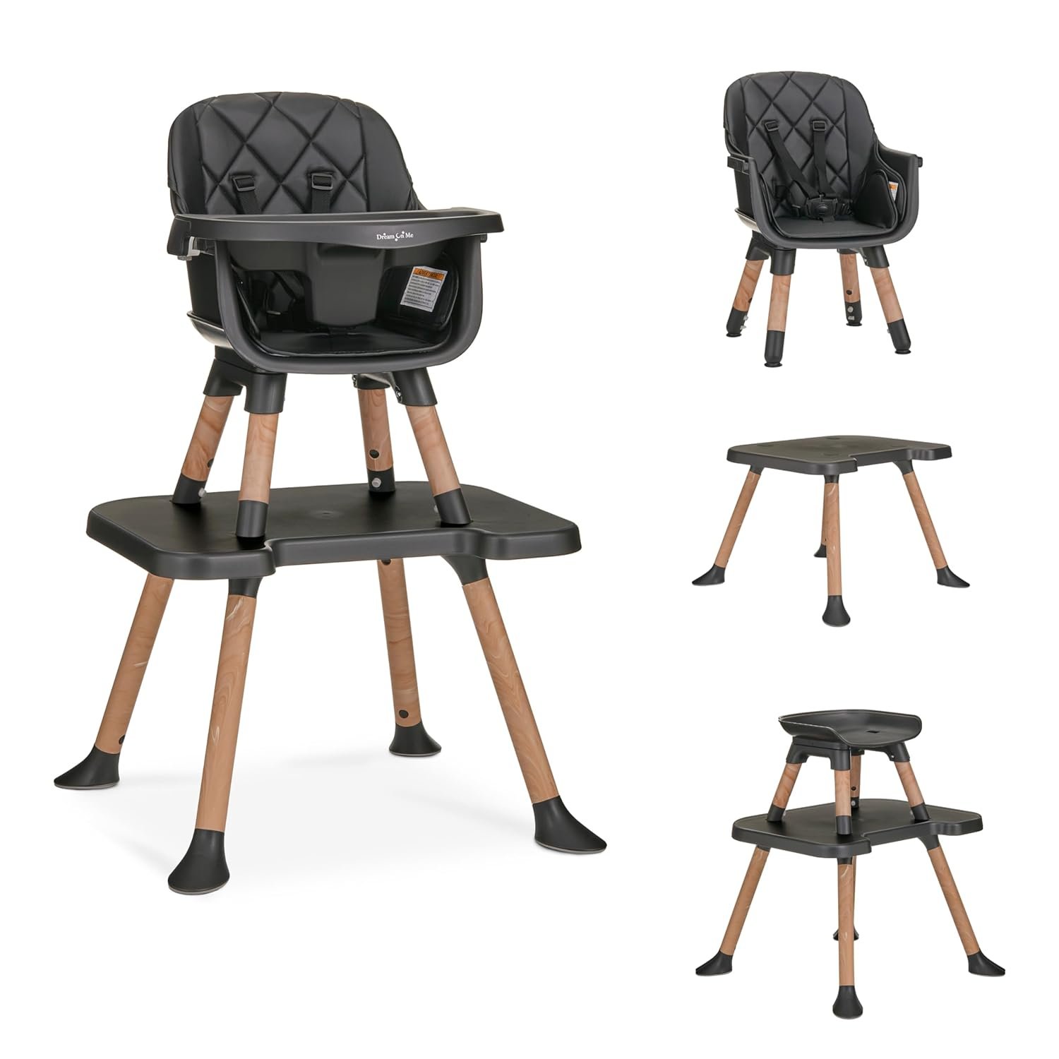 Dream On Me Luna 4-in-1 Convertible High Chair – Transforms into a Booster & Toddler Seat, Then into a Toddler Chair & Table, 5-Point Safety Harness, Adjustable Tray, Anti-Skid Padded Feet – Black