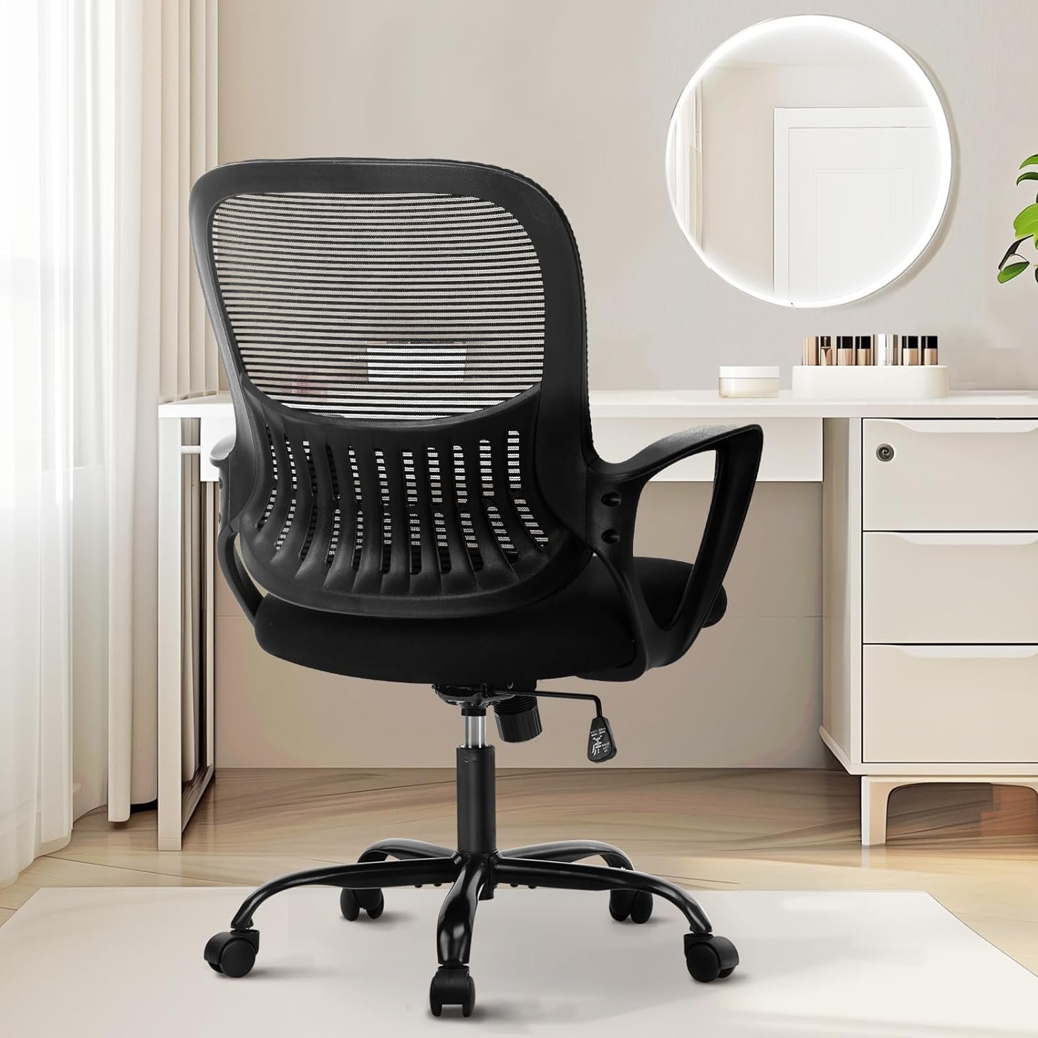Sweetcrispy Ergonomic Mid-Back Mesh Home Office Desk Chair with Wheels, Lumbar Support, and Comfortable Armrests for Home, Bedroom, Study, Office