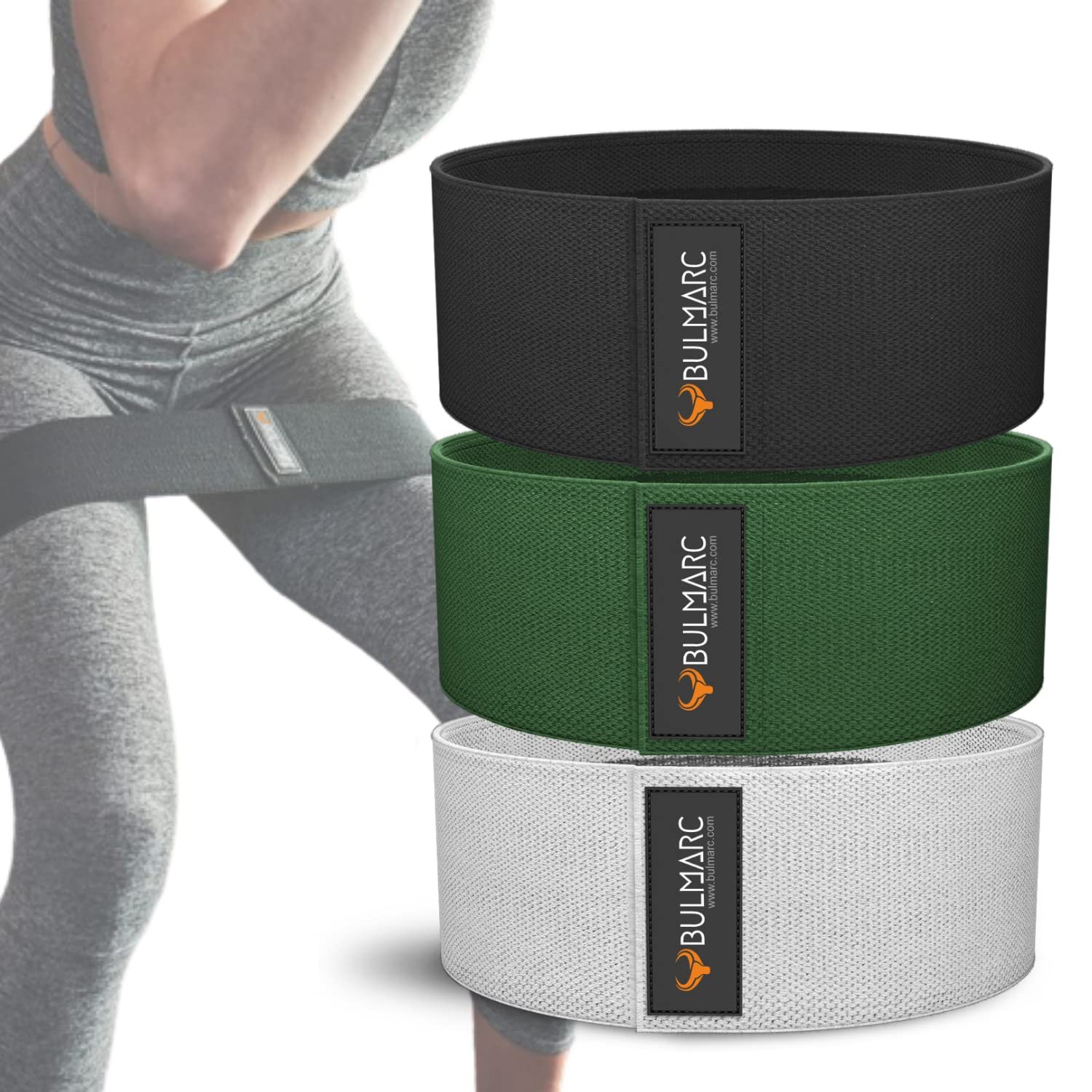 BULMARC Fabric Resistance Band Anti-Slip Hip Exercise Workout Band for Men Women With Fitness Guide – Toning Booty, Glutes, Thighs, Legs, Abs at Home Outdoors (Set of Grey, Green, Black)