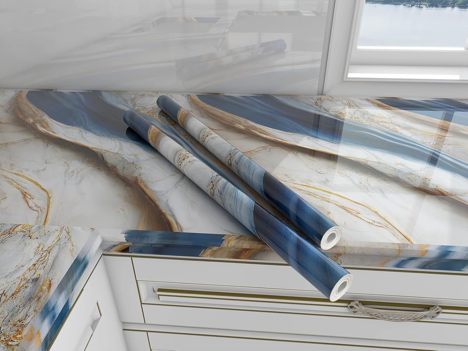 Marble Wallpaper Oil Proof Waterproof Kitchen countertop Paper Furniture (Size 60 * 200 CM) (White Blue)