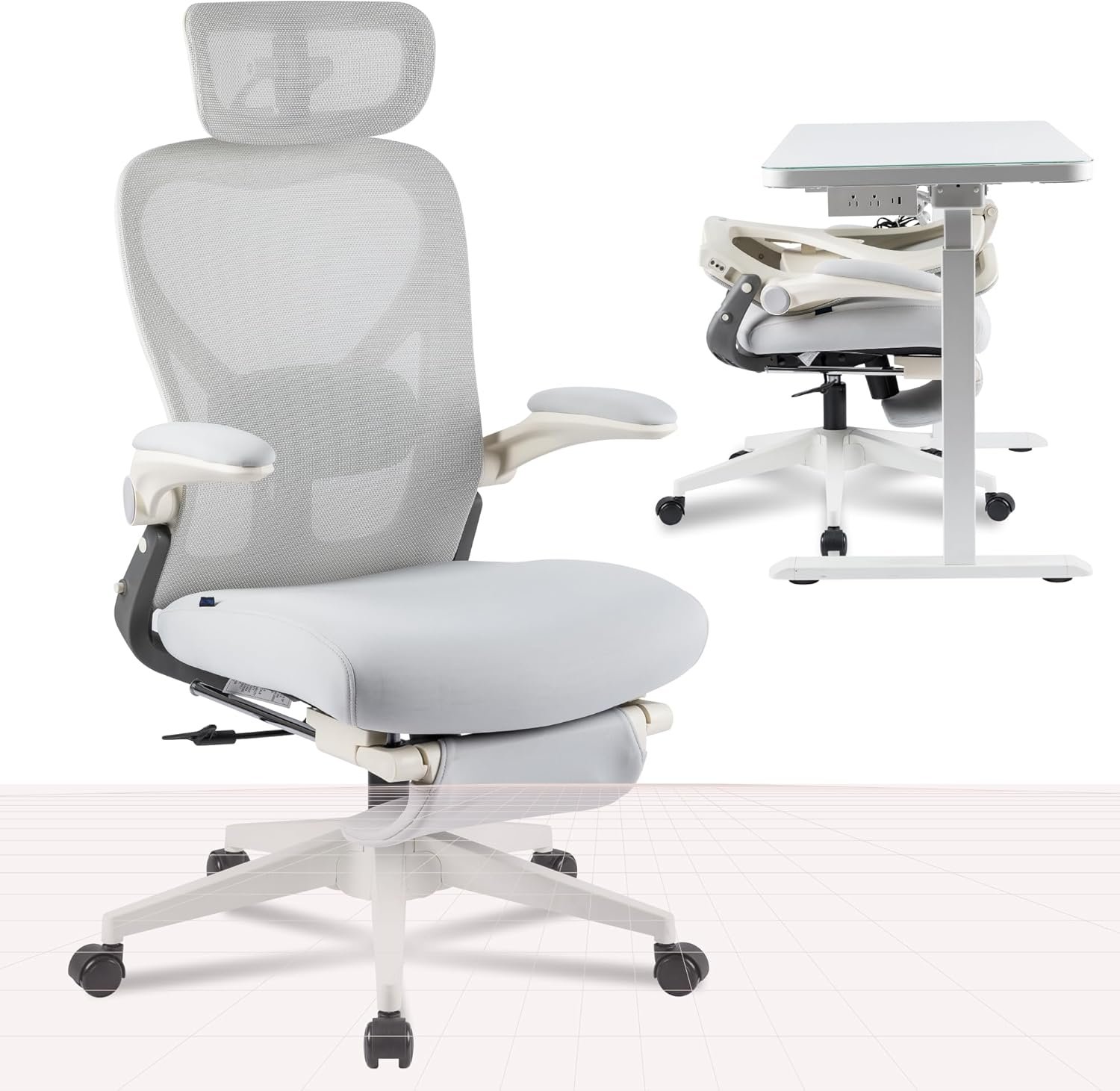 FLEXISPOT Foldex Office Folding Chair, Ergonomic Chair for Small Spaces with Lumbar Support, Flip-up Armrests, 3D Headrest, Desk Chairs with Footrest for Work,Video Game Grey