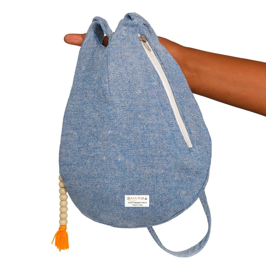 Winter Special Original Gomukhi Japa Mala Bag with Zip Pocket & Sakshi Mala Counter | Chanting Bag/Beads Bag/Jhola Bag for Men & Women (Blue Denim Cotton)