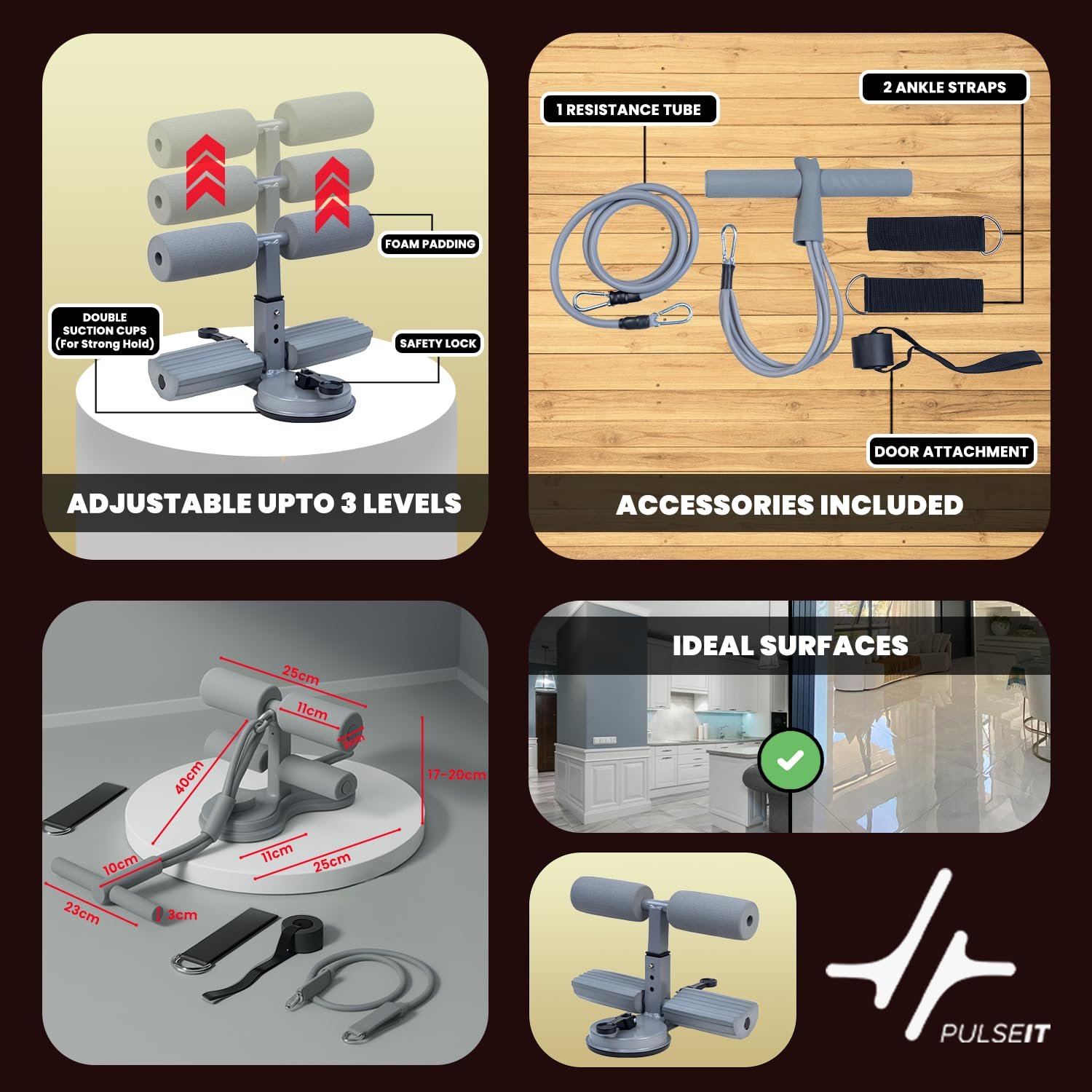 PulseITVault Sit Up Bar Double Suction Cup & Safety Lock. Adjustable Height Core Trainer, Tummy Trimmer & Workout Equipment for Home. Includes Resistance Tube, 2 Ankle Straps & Door Attachment(Grey)