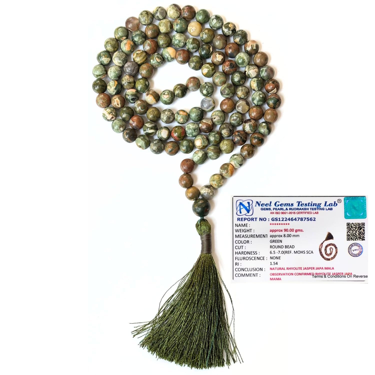 Healing Crystals Natural Gemstone 108 Beads Jap Mala for Meditation, Yoga, Mindfulness (Rhyolite Jasper)