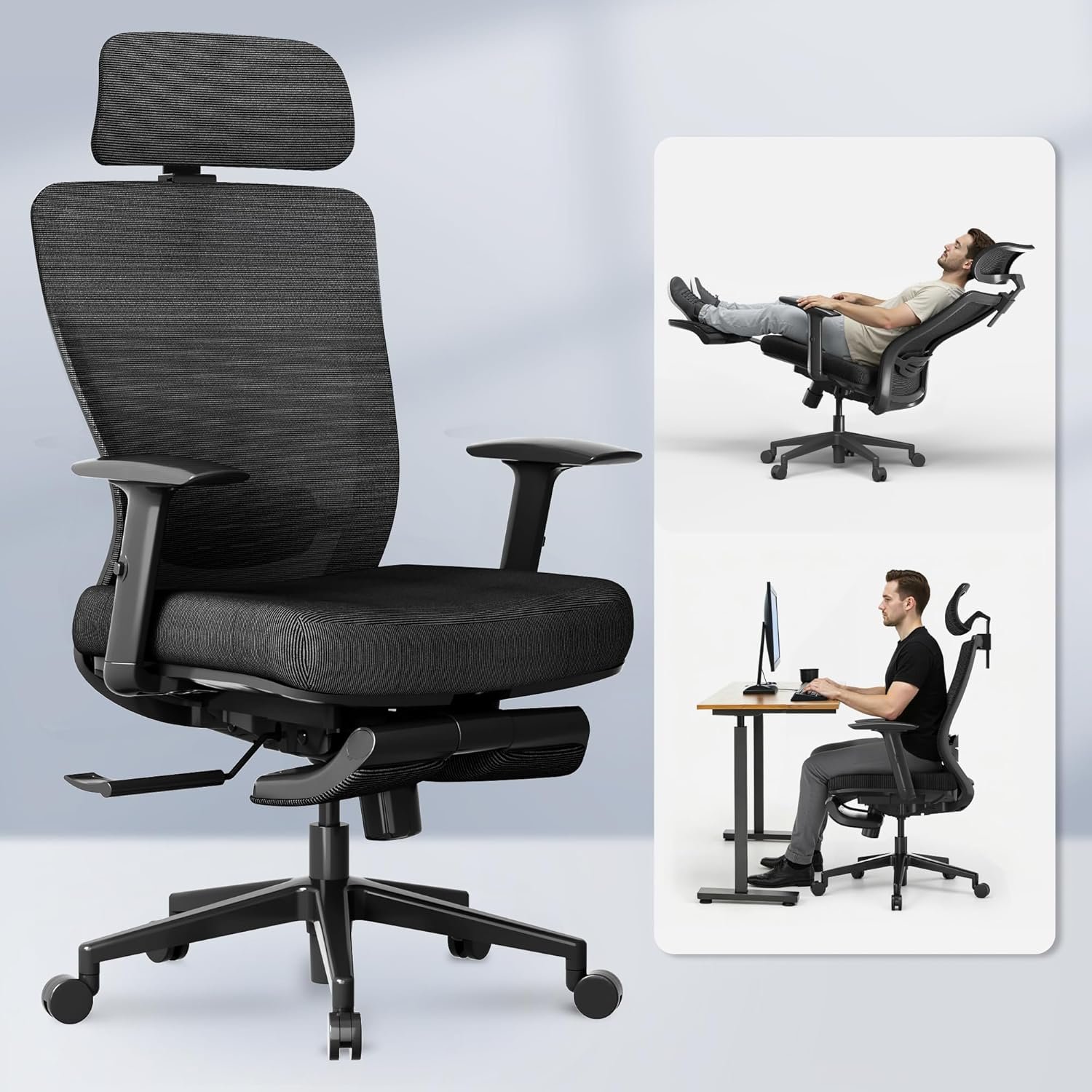 FLEXISPOT OC3 Cloud Ergonomic Office Chair with Footrest, High Back Computer Chair with Adjustable Lumbar Support/2D Headrest, Desk Chairs for Home Office Gaming Working, Black,Foam Seat,Cloud-F
