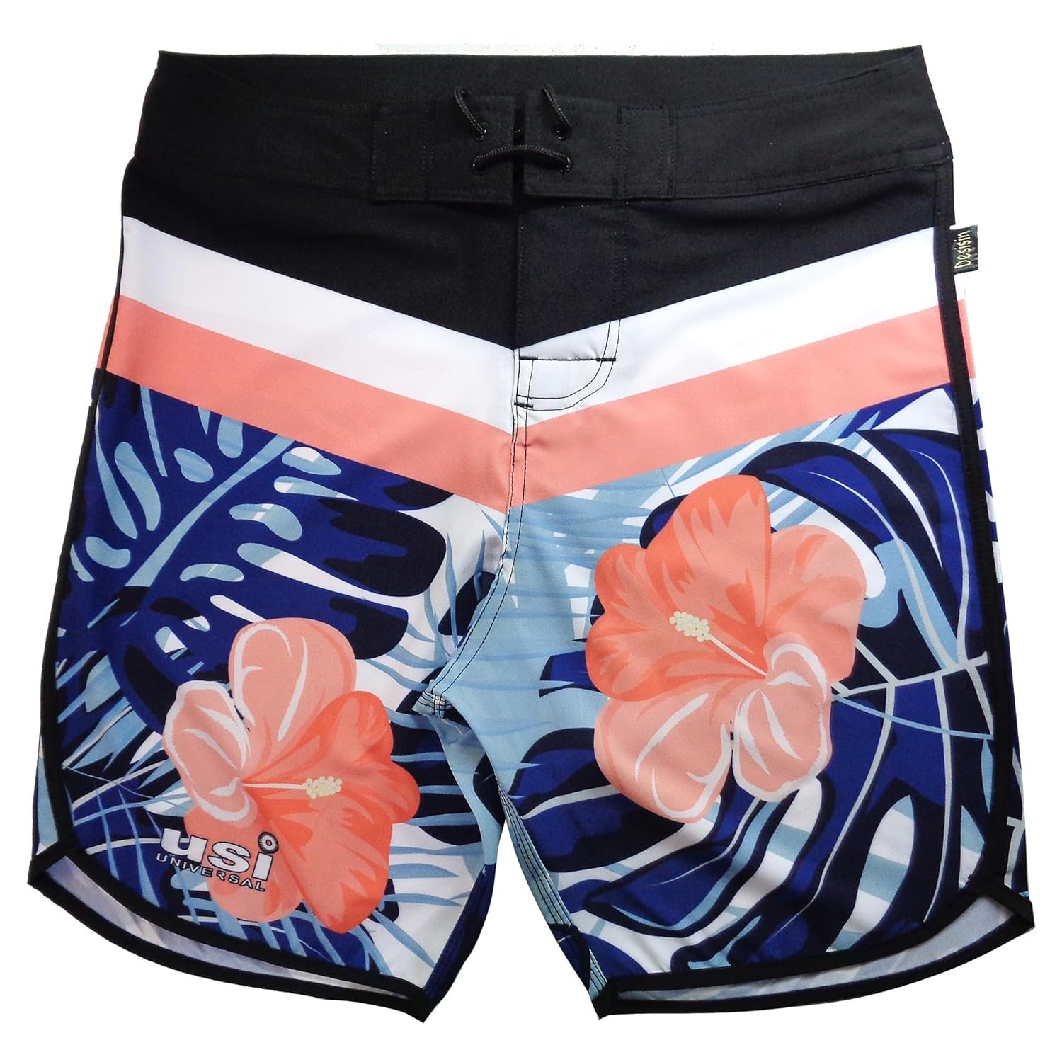 USI UNIVERSAL 411PA Aloha Physique Board Shorts, Polyester Fitness Shorts, Hook & Loop Fly, Drawstring Closure, Tailored Fit for Thin Waist & Muscular Thighs (in, Alpha, M, Navy/Black/Pink)