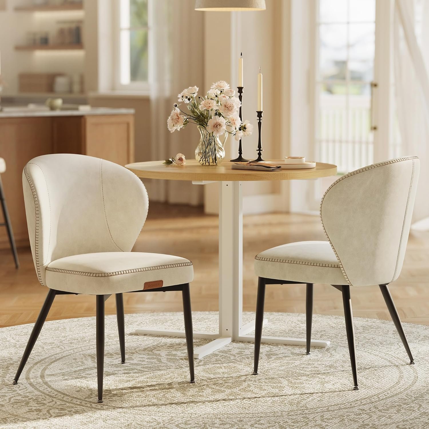 VASAGLE EKHO Collection – Dining Chairs Set of 2, Upholstered Kitchen Chairs, Comfortable Seat, Synthetic Leather with Stitching, Mid-Century Modern, Easy Assembly, Living Room Lounge, Cream White