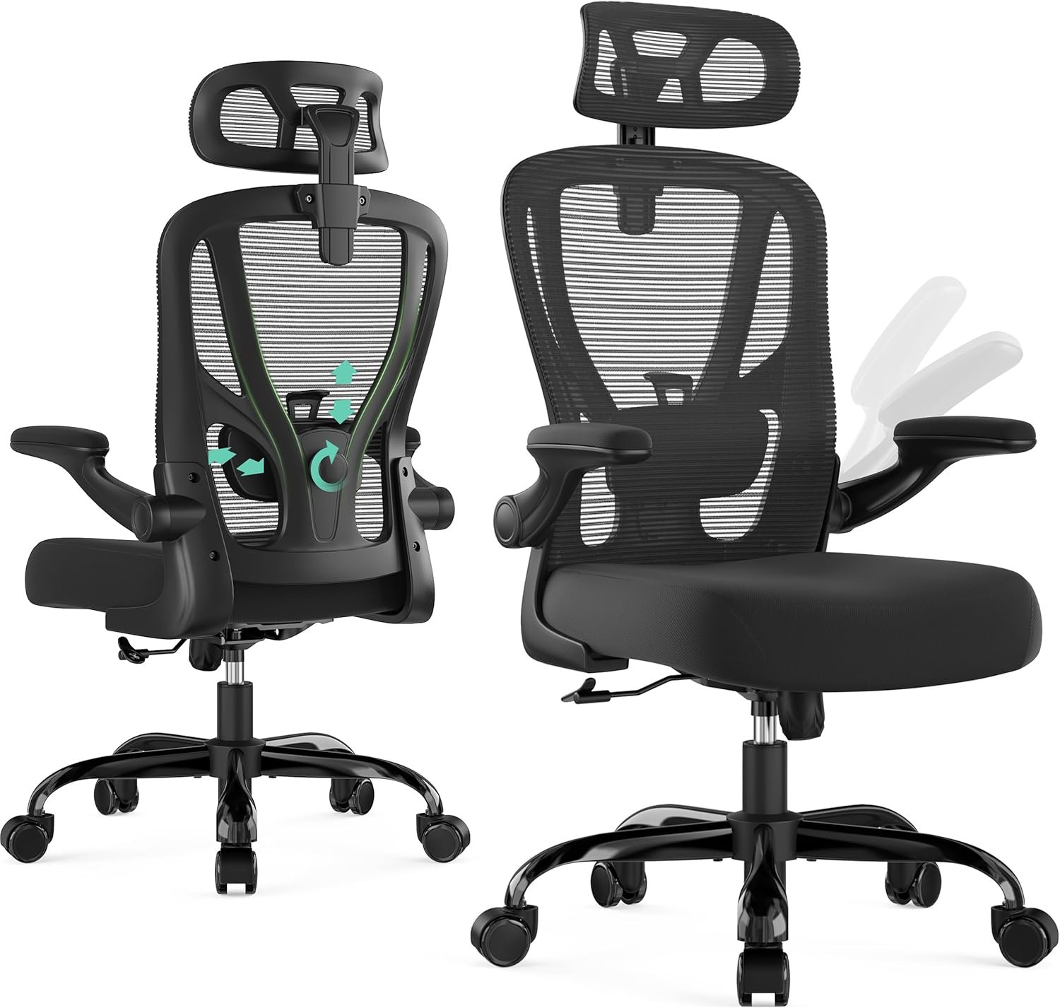 Office Chair Ergonomic Desk Chair – Mesh High Back Office Chair with Headrests Wheels Lumbar Support Home Desk Office Chairs Flip up Armrest Executive Rolling Swivel Task Computer Chair Black