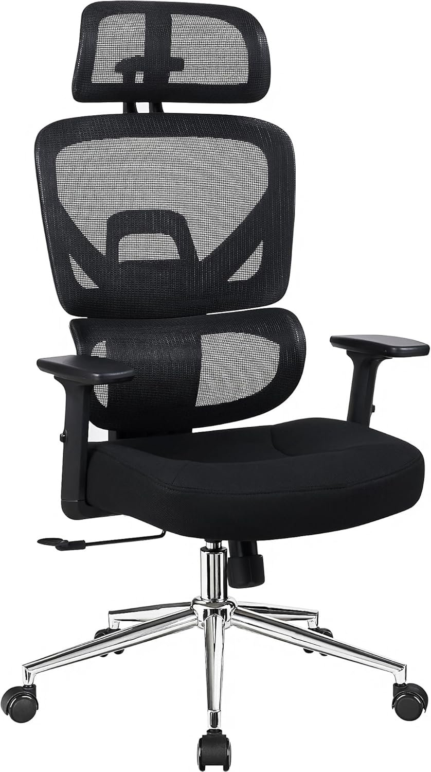 VECELO High Back Ergonomic Office Chair, Big and Tall Mesh Desk Chair with Wheels, Tilt Function, 3D Headrest, Lumbar Support, Swivel Rolling Computer Chair for Task, Home Office, Black