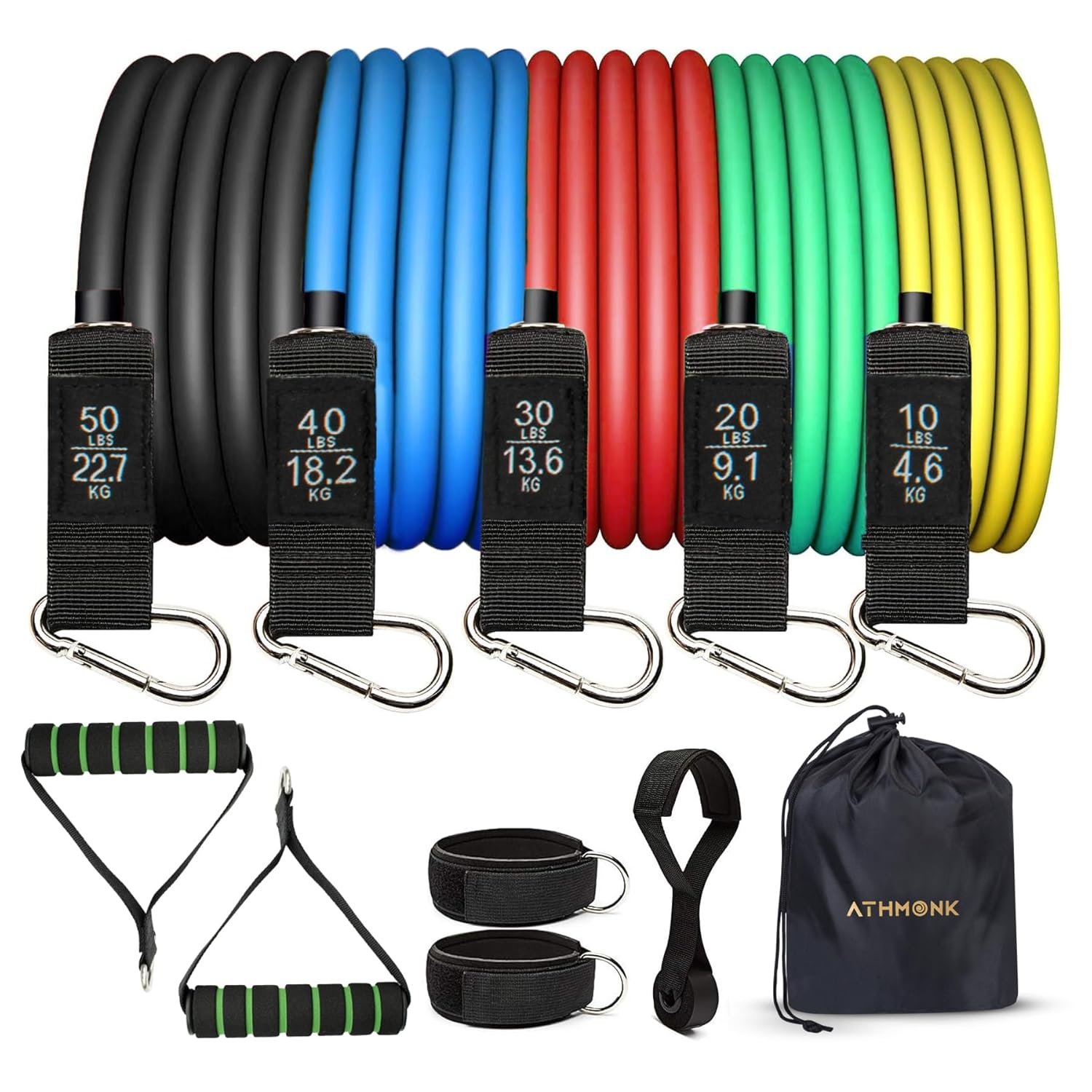 Resistance Tube Band Set of 11 pcs – Home Gym Exercise Bands for Workout – Resistance Bands for Men Women – with Toning Tubes, Door Anchor, Foam Handles, Ankle Straps, Workout Guide – 150 lbs