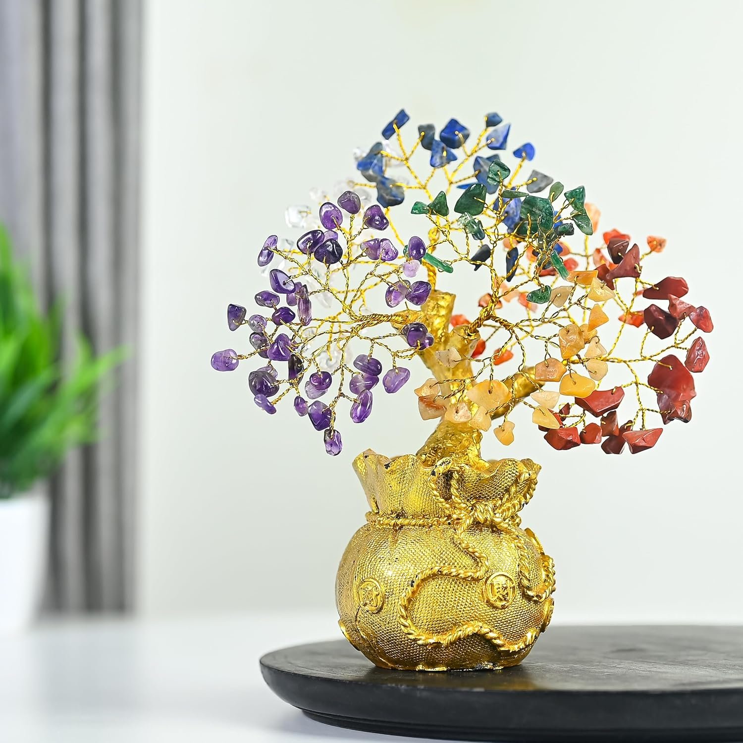 ZAICUS Lucky Feng Shui 7 Chakra Tree with Golden Money Bag Base – Natural Gemstone Decorative Bonsai Tree for Home & Office Décor, Good Luck Diwali Gift, Wealth & Prosperity Showpiece (7 X 3 Inch)