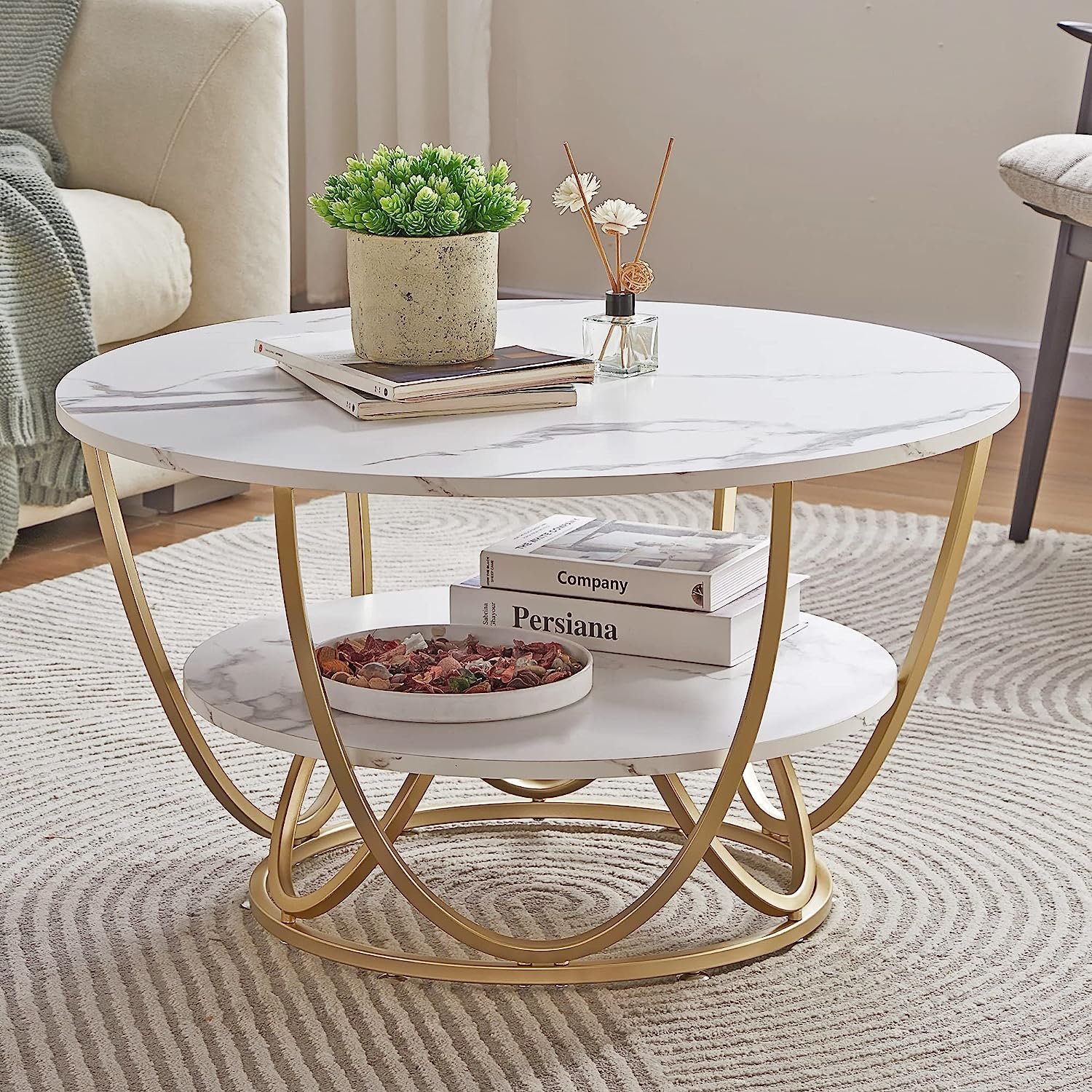 Round Coffee Tables Accent Center Table Sofa Side Tea Table with 2-Tier Storage for Living Room Office Desk Balcony Wood Desktop and Metal Legs (Golden and White)