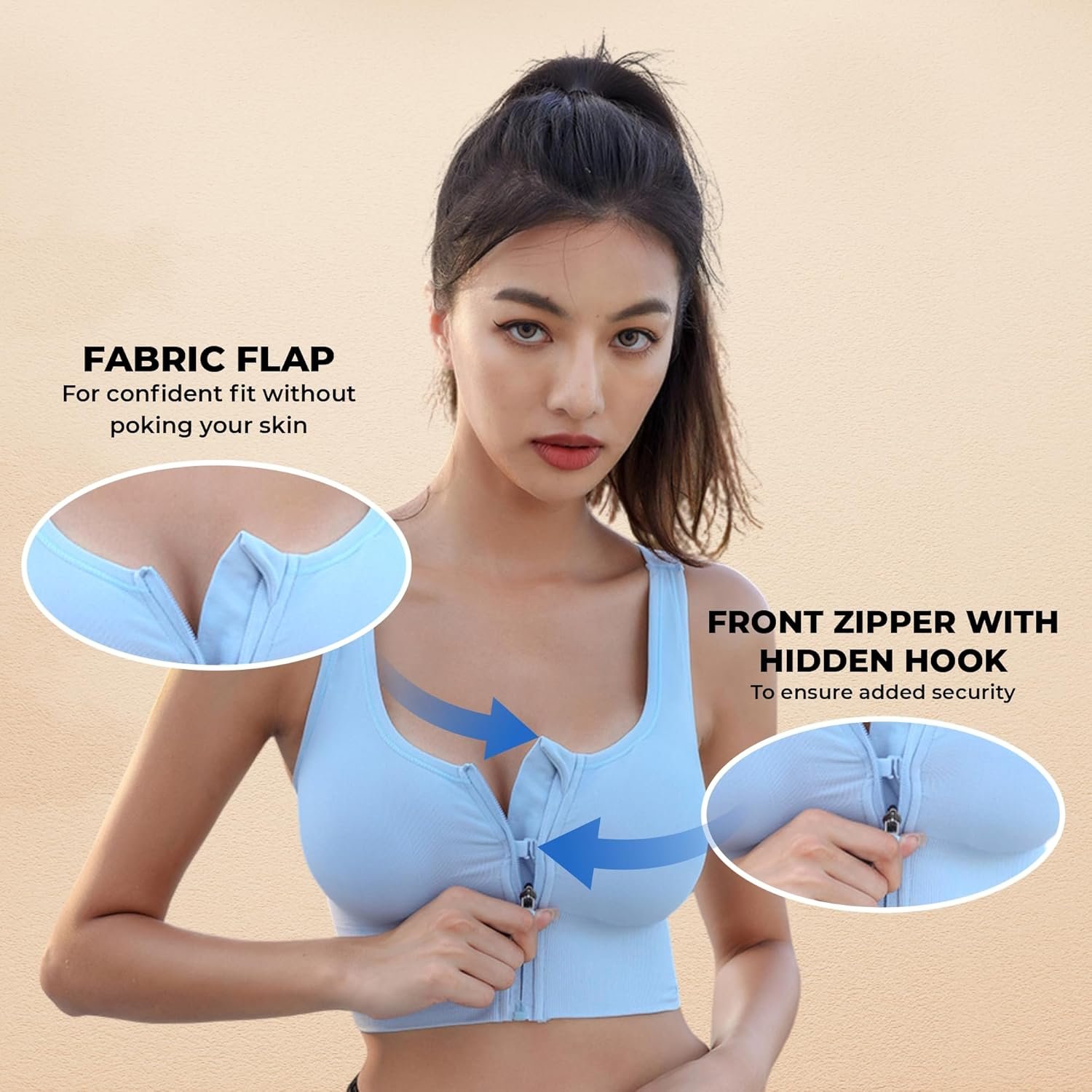 PLUMBURY Women’s Seamless Padded Full Coverage Front Zip Cross Back Sports Bra, Size S to XL