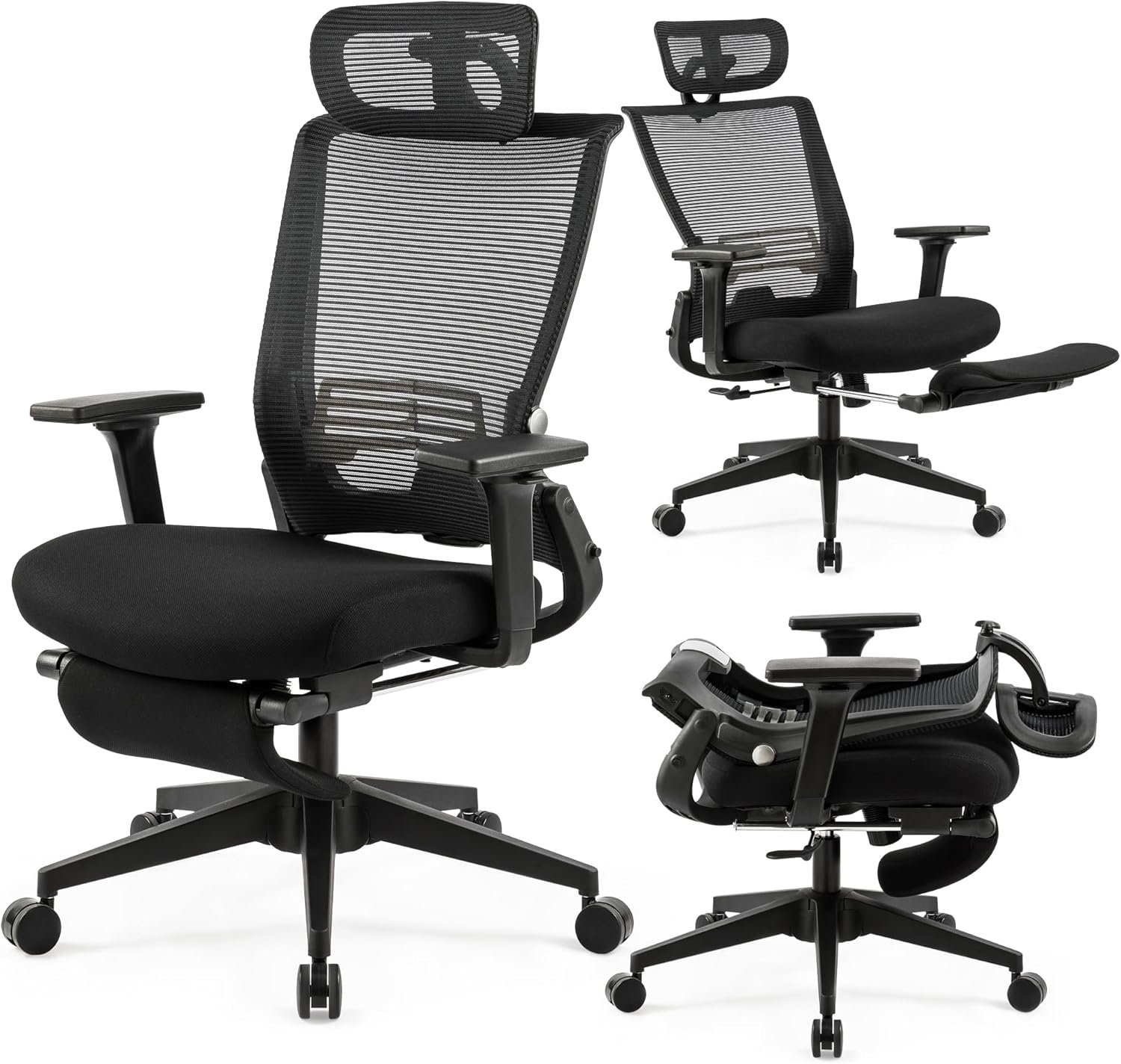 Foldable Office Chair with Foot Rest, Ergonomic Office Chair with Adjustable Lumbar Support, Headrest, Armrest, Home Office Desk Chairs for Space Saving, Work from Home, Black