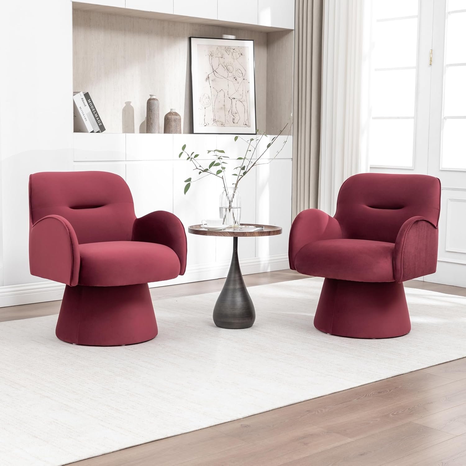 Barrel Chair with Armrest 360 Modern Swivel Accent Chairs with Curve Back Soft Cushion Comfy Upholstered Round Arm Chair for Living Room Bedroom Reading Room, Rose Red