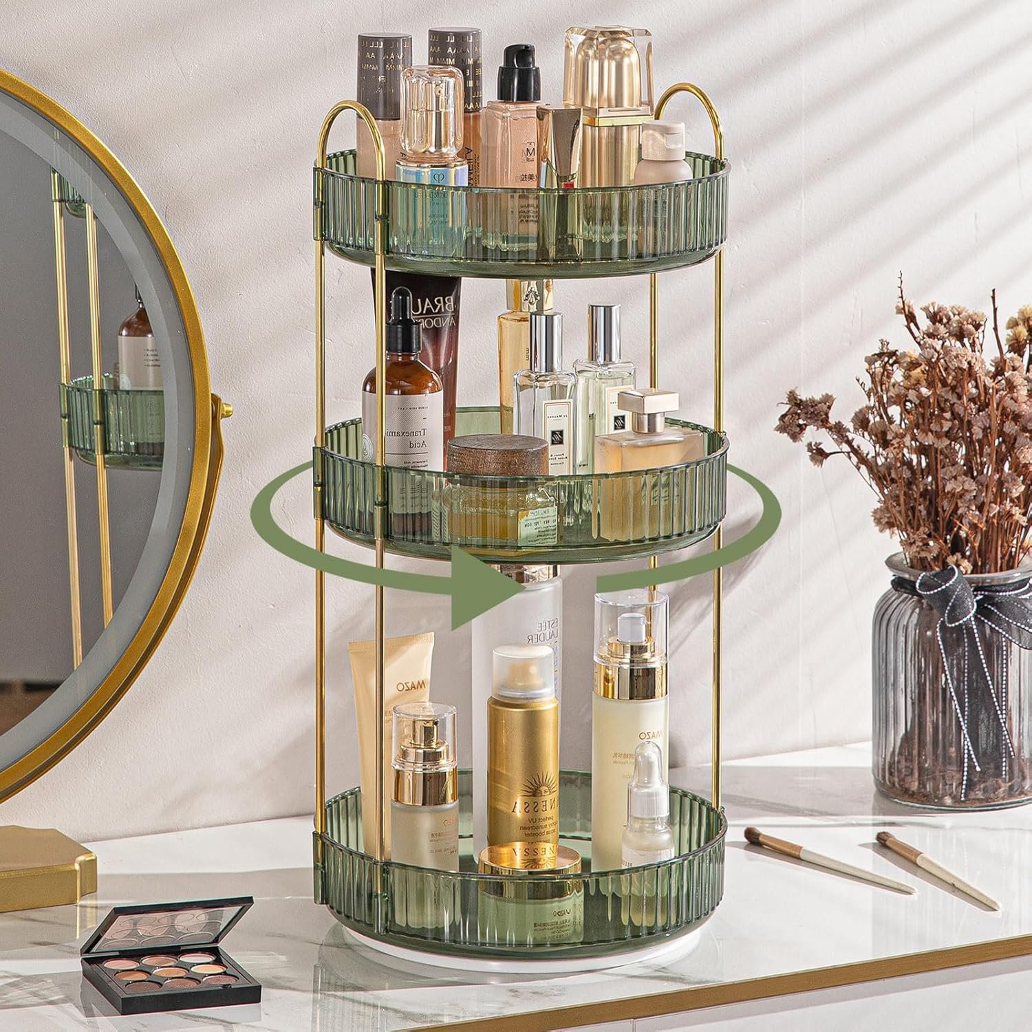 360° Rotating Makeup Organizer Rack| 3 Tier Standing Countertop Cosmetic Vanity Tray For Makeup, Skincare|Corner Rack For Bedroom,Bathroom (3 Layer- Green (Rack) + Gold Rods)