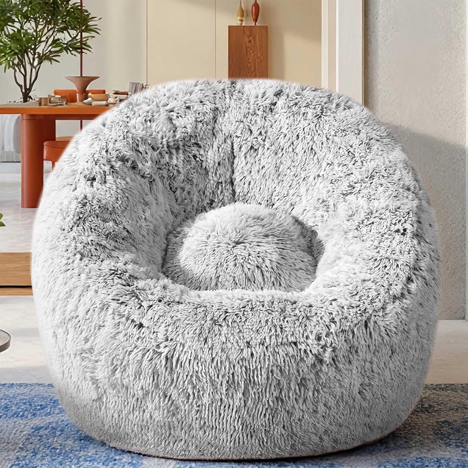 Plush Faux Fur Bean Bag Chairs, Memory Foam Filled Sofa Chair Shape Bean Bag for Adults/Teens/Kids, Ultra-Soft Lazy Sofa for Living Room Bedroom College Dorm, Grey