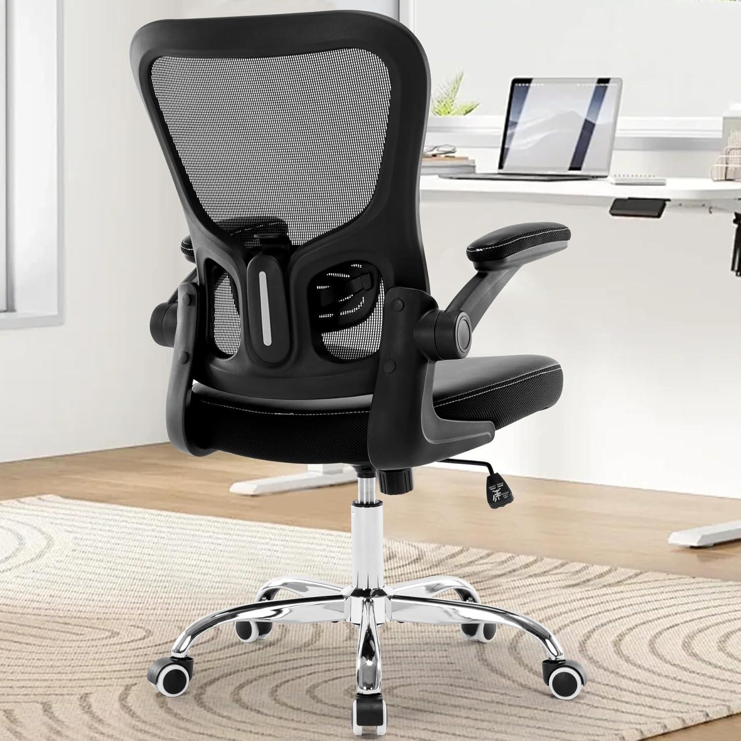 Ergonomic Office Chair with Lumbar Support, Adjustable PU Leather Computer Chair, Executive Desk Chair with Flip-up Arms, Breathable Mesh Back, Swivel Rolling Task Chair for Home Office Black