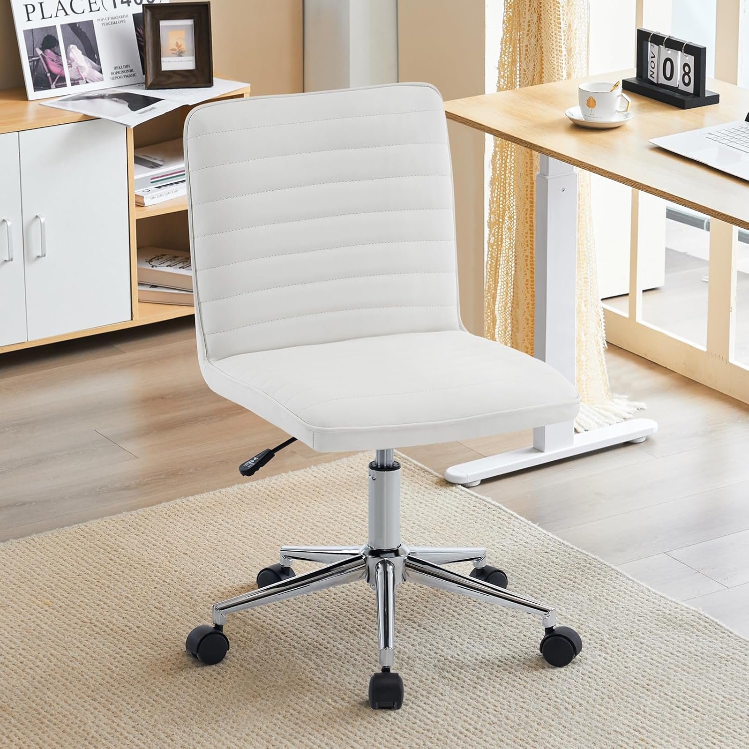 Furnimart Faux Leather Mid-Back Armless Office Desk Adjustable Task Chair Home Office Chair Small Swivel Chair Dorm Chair with Smooth Casters (PU White)