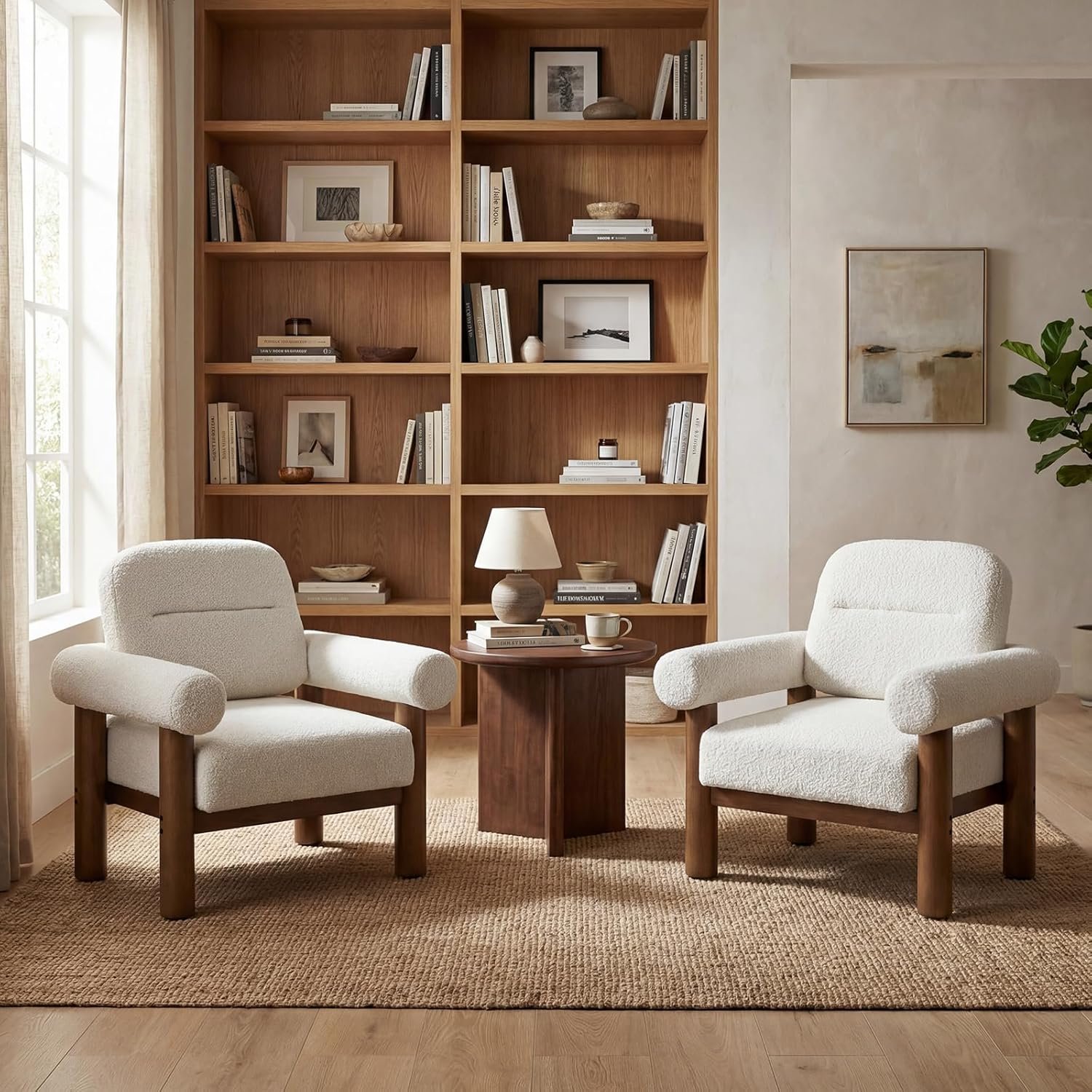 HNY Modern Accent Chairs Set of 2, Upholstered Boucle Barrel Chairs, Comfy Boucle Side Arm Chairs with Solid Wood Frame for Living Room, Bedroom, Reading, Beige