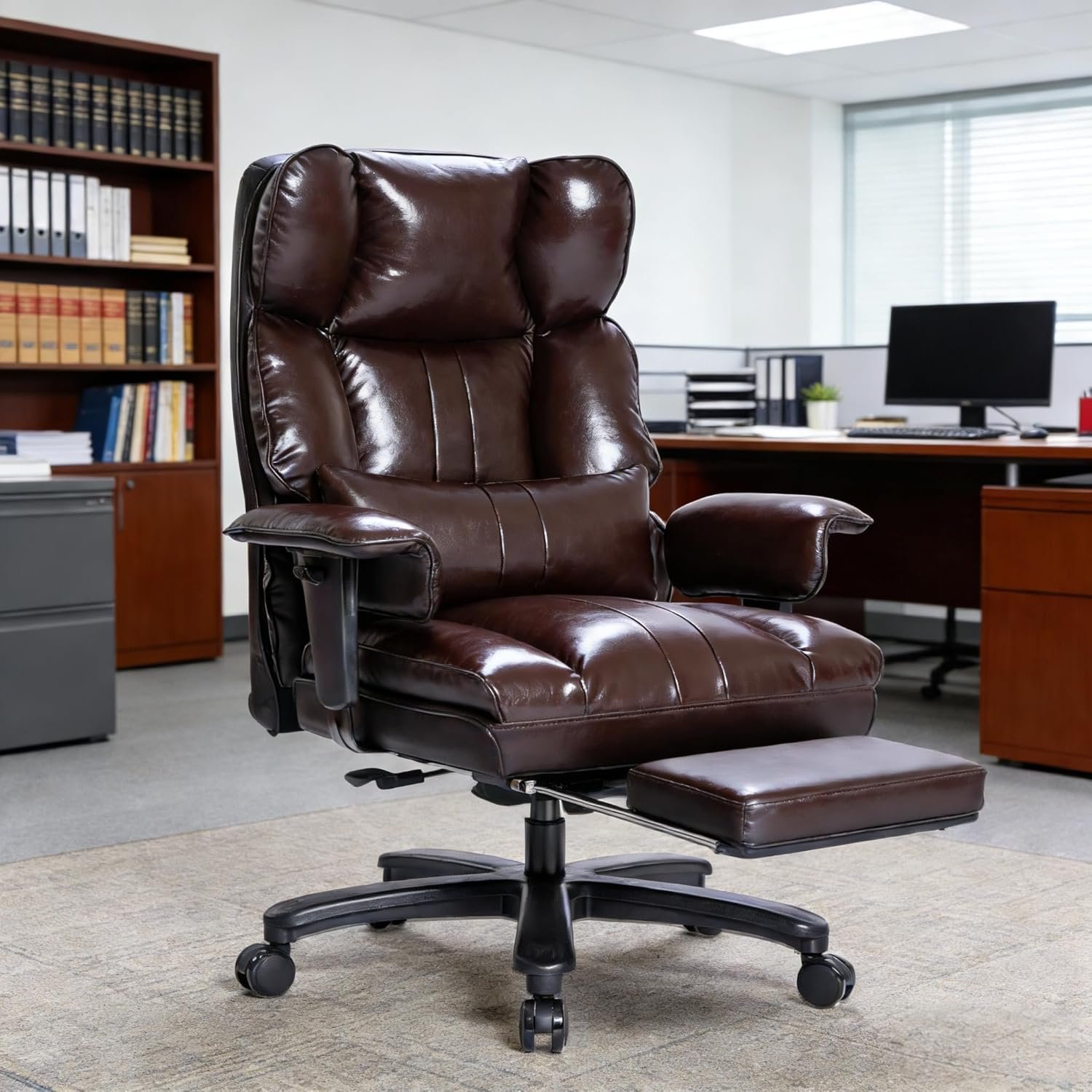 Big and Tall Office Chair 500LBS Heavy Duty Executive Office Chair PU Leather Computer Gaming Chair with Leg Rest and Lumbar Support(Brown)