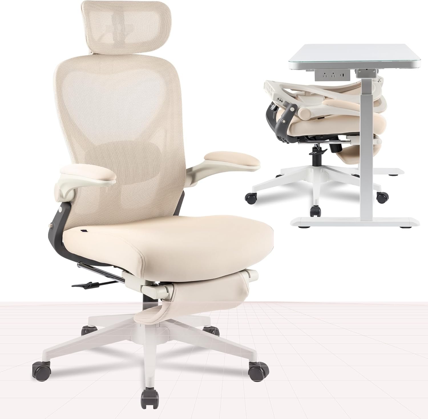 FLEXISPOT Foldex Office Folding Chair, Ergonomic Chair for Small Spaces with Lumbar Support, Flip-up Armrests, 3D Headrest, Desk Chairs with Footrest for Work,Video Game Cream